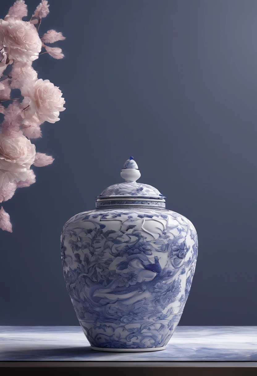 Blue and white porcelain,Ceramic material,Purple clay pot,artwork of a,High detail,3D,Chiaroscuro, Cinematic lighting, god light, Cinematic lighting, hyper HD, High details, Best quality, A high resolution, Textured skin