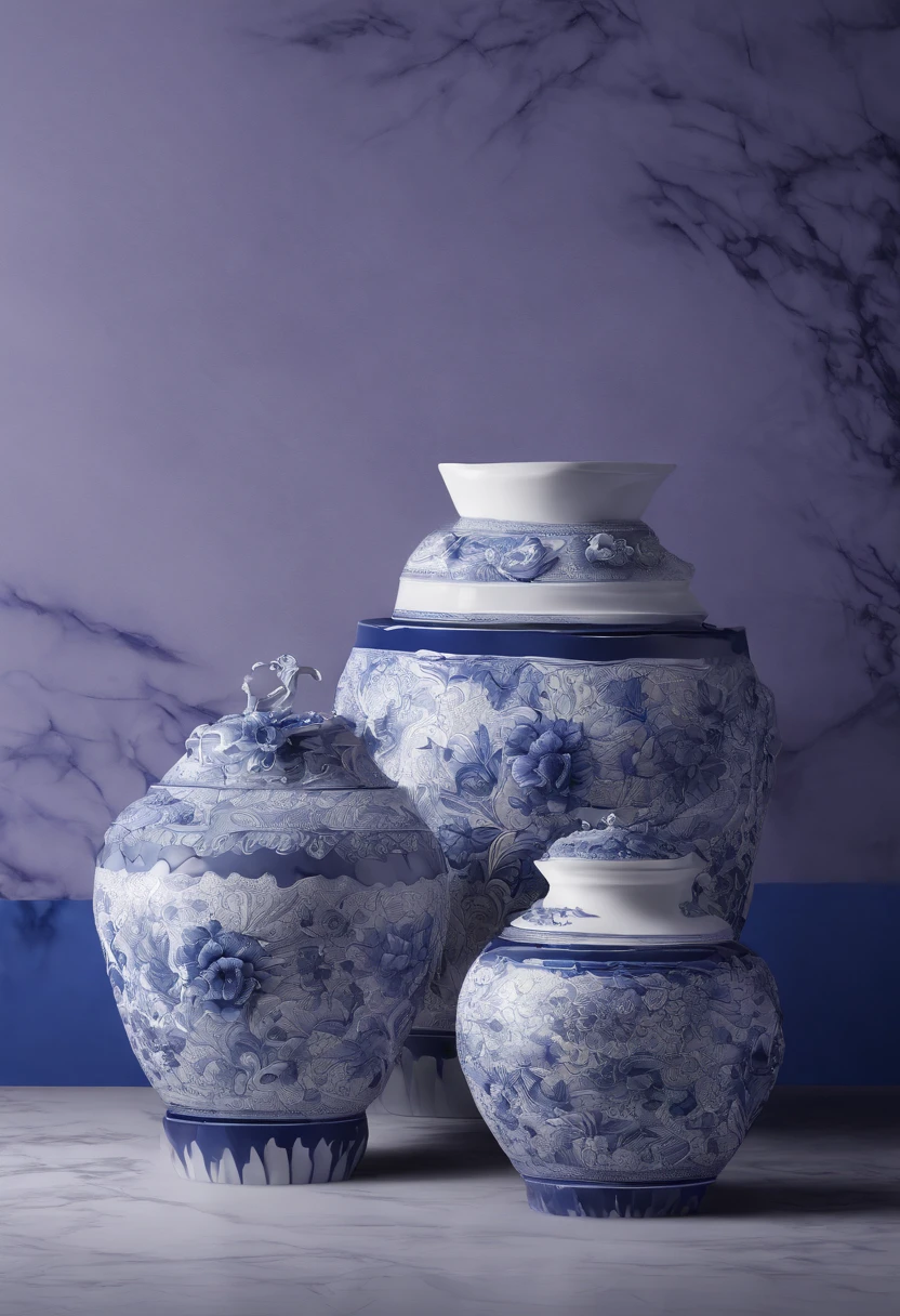 Blue and white porcelain,Ceramic material,Purple clay pot,artwork of a,High detail,3D,Chiaroscuro, Cinematic lighting, god light, Cinematic lighting, hyper HD, High details, Best quality, A high resolution, Textured skin