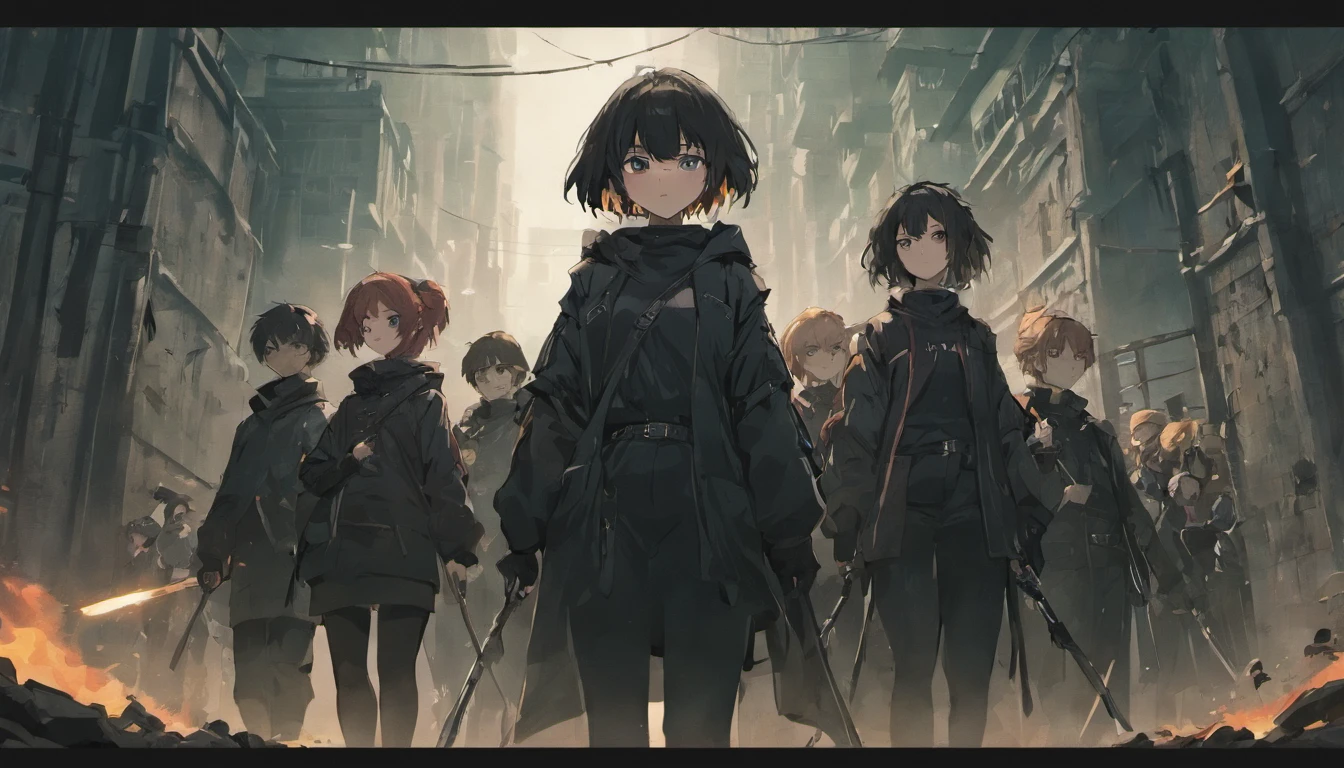 a group of people wearing all black in a apocalyptic setting holding weapons