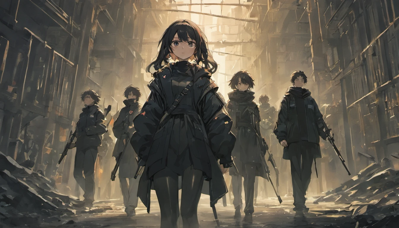 a group of people wearing all black in a apocalyptic setting holding weapons