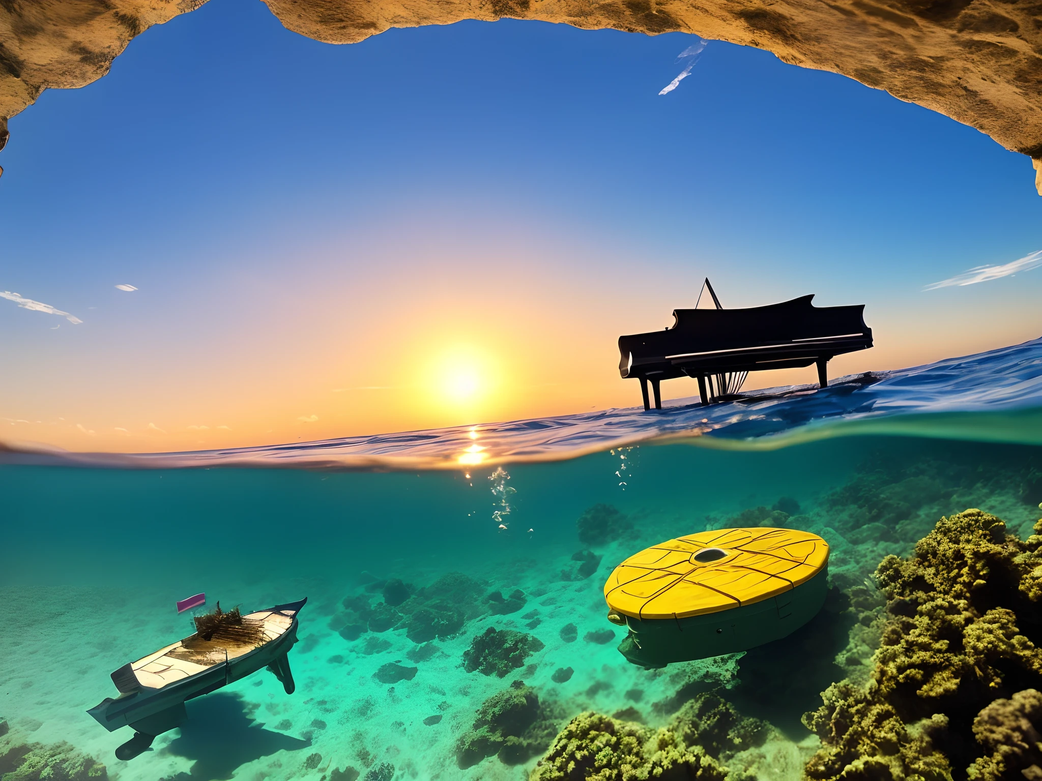 A grand piano sinking to the bottom of the sea、Three Angels Swimming Above It、sunlight shining through