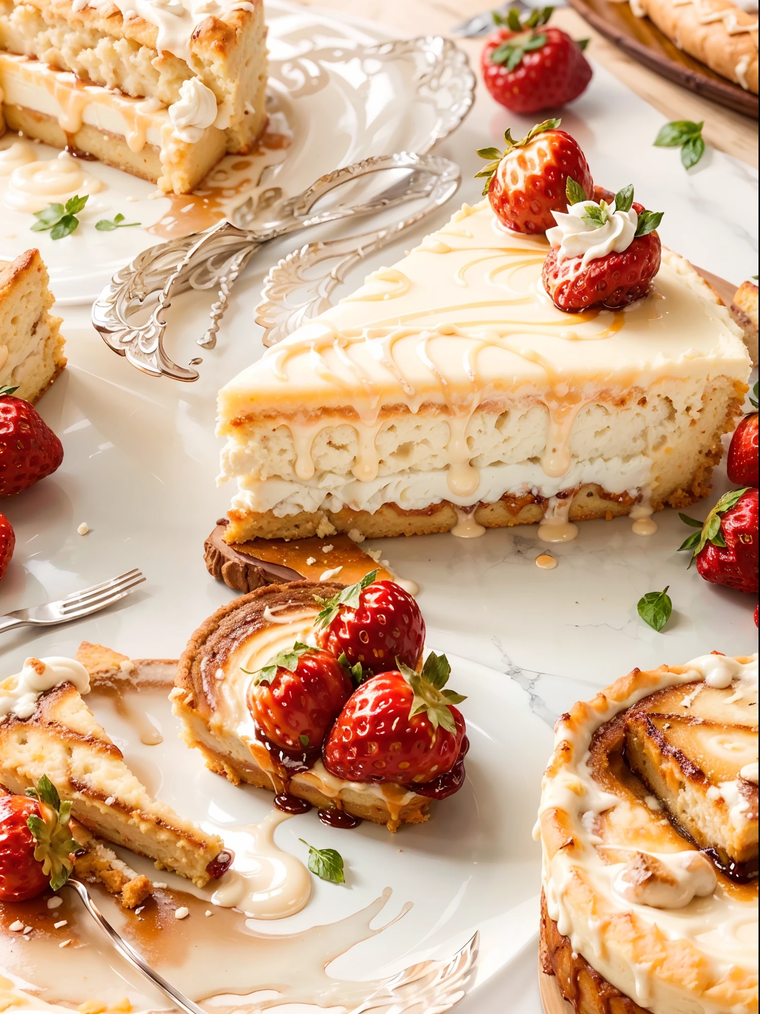 (best quality,highres,masterpiece:1.2),ultra-detailed,(realistic,photorealistic,photo-realistic:1.37),cheese cake with cream cheese,tempting cream cheese swirls,luscious and creamy texture,sweet and savory caramelized top,rich and moist cake layers,enticing aroma of vanilla and cinnamon,indulgent dessert for the senses,soft and velvety cream cheese frosting,delicate and perfectly baked crust,crispy edges and tender center,served on a exquisite porcelain plate,with a garnish of fresh strawberries,irresistible dessert for any occasion,vivid colors and mouthwatering presentation.