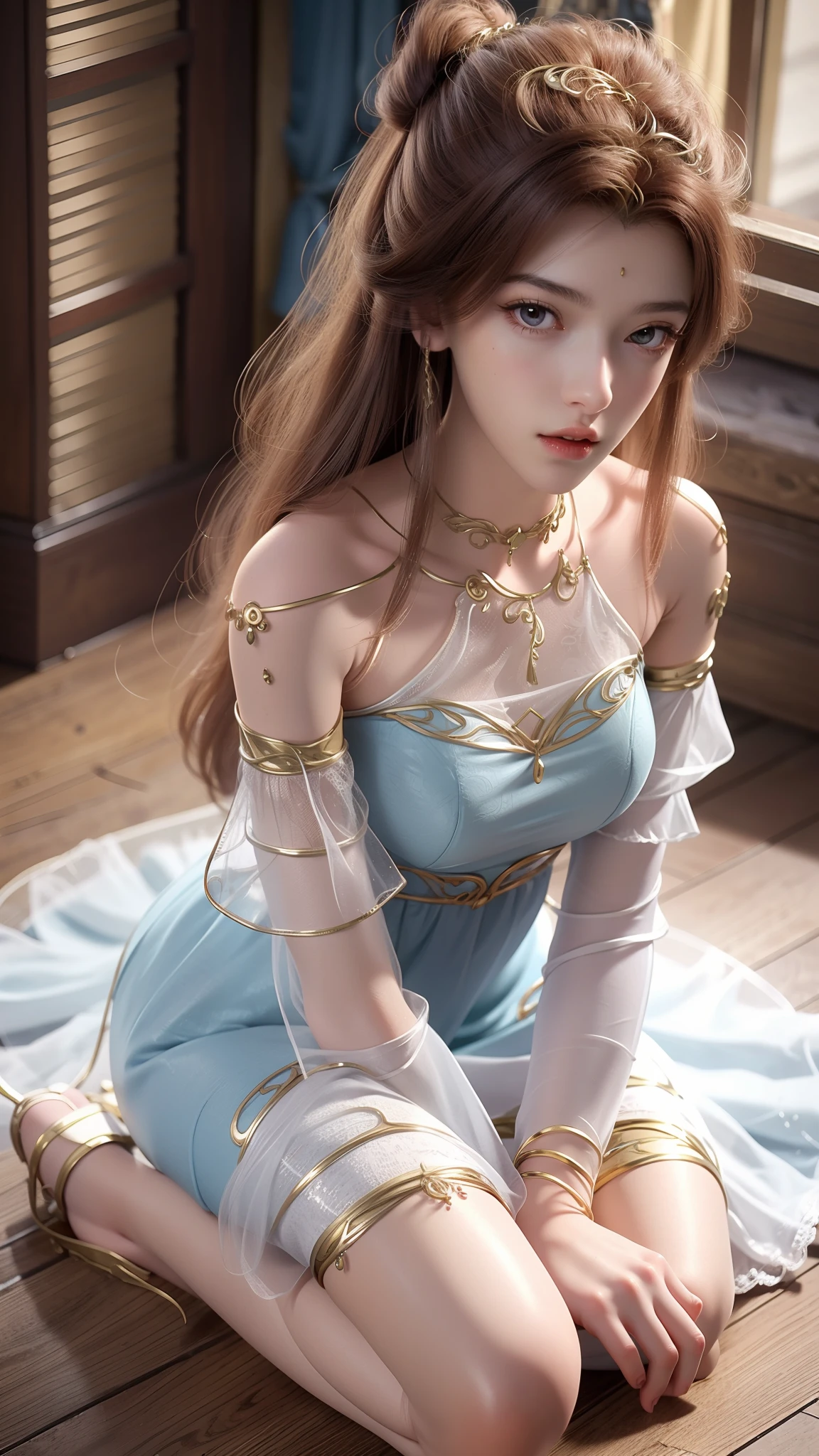 Anime woman kneeling in flowers, Smooth anime CG art, one-girl，Wearing a long light blue dress，Hair flutters，Hazel hair、adolable，Pure，White tulle sun dress、Red blush，full bodyesbian，full body pov,highly detailed exquisite fanart,animemanga girl，Delicate facial features，delicate finger，Obvious joints，The thighs are invisible，Small li