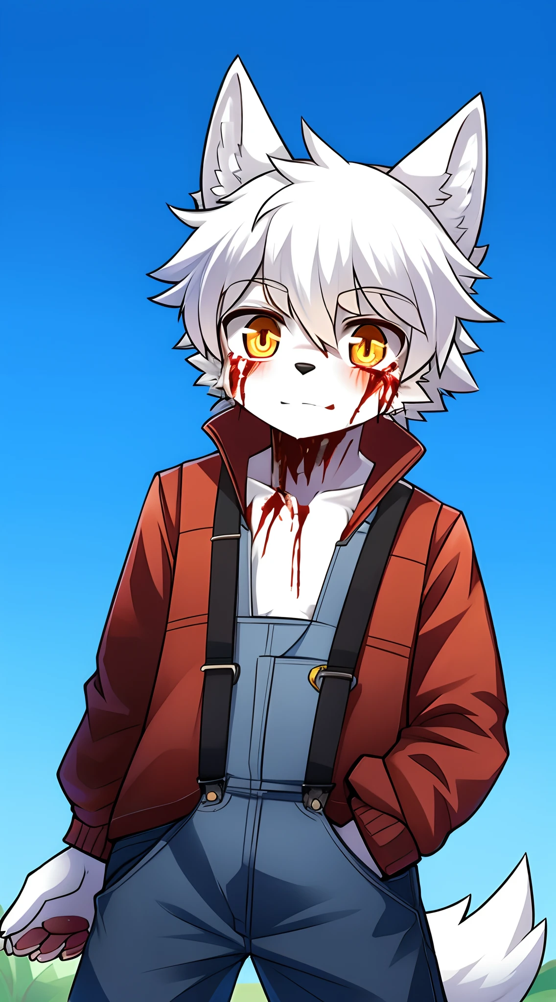 terroral,blood vess,Be covered in blood,The corners of his mouth were stained with blood,solo person,White body,White ears,White hair,White fur,Overall white,Orange-yellow eyes,Wolf tail,Wolf orcs,Wolf paws,Young,Wear a jacket,Ultra-clear screen,Soft lines