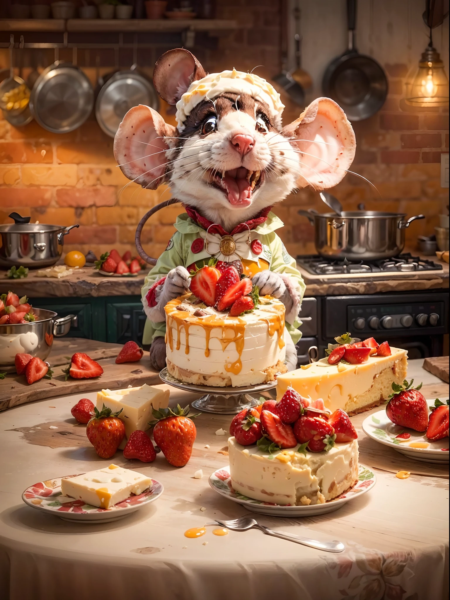 (a mouse dressed as a chief), (a mouse as a cook), (decorating a super delicious cheesecake), (creamy cheesy cake served with some strawberries), (messy table), (pieces of cheese laying around), (best quality:1.2), (ultra-detailed), (photorealistic:1.37), (HDR), (vivid colors), (portraits), (warm and vibrant color tone), (soft diffused lighting)