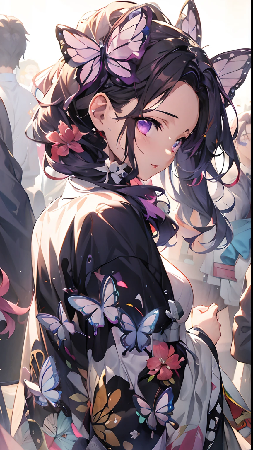 Shinobu , demon Slayer anime girl with butterfly hair and butterfly ears in a crowd, artwork in the style of guweiz, detailed digital anime art, clean detailed anime art, beautiful anime portrait, anime visual of a cute girl, digital anime illustration, beautiful anime artwork, guweiz, detailed anime character art, detailed portrait of anime girl, detailed anime artwork, digital anime art