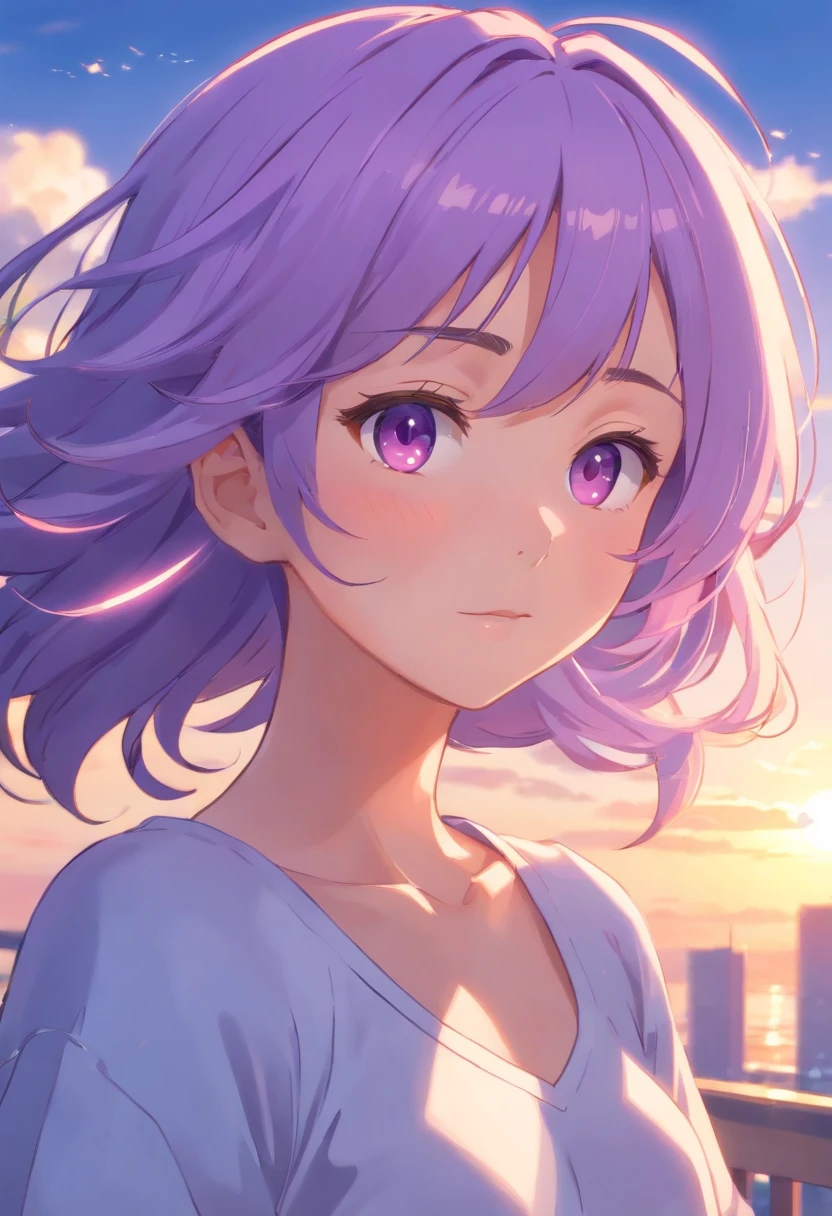 Light purple hair color girl,Mood lighting,Dappled light,Hair wraps around you,Above the head,Summer vibe,blue-sky,There is a sense of emotion