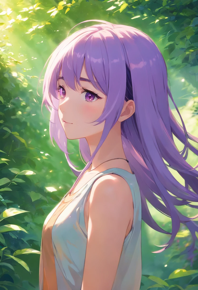 Light purple hair color girl，Mood lighting，Dappled light，Hair wraps around you，Above the head，Summer vibe，blue-sky，There is a sense of emotion