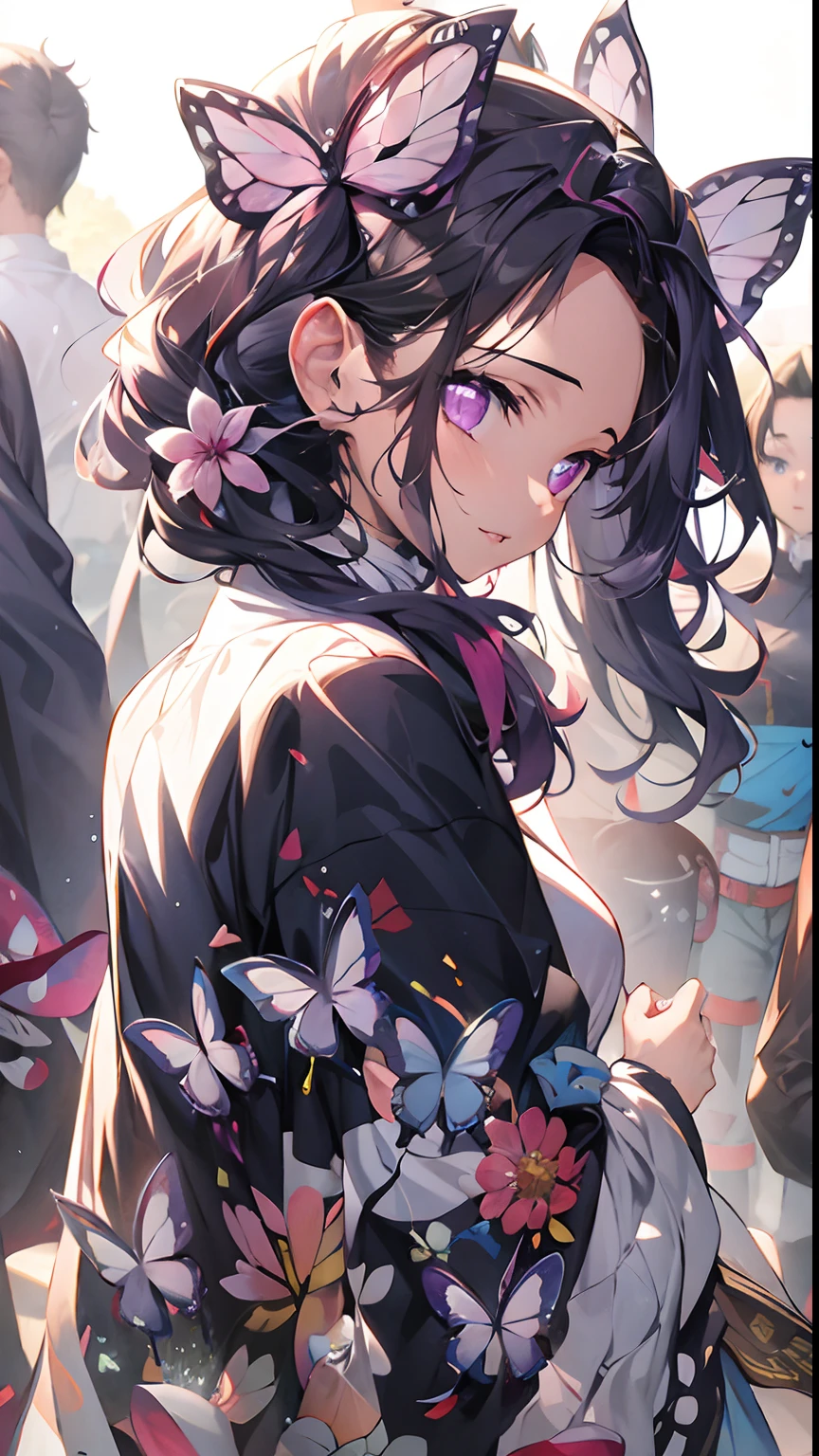 Shinobu , demon Slayer anime girl with butterfly hair and butterfly ears in a crowd, artwork in the style of guweiz, detailed digital anime art, clean detailed anime art, beautiful anime portrait, anime visual of a cute girl, digital anime illustration, beautiful anime artwork, guweiz, detailed anime character art, detailed portrait of anime girl, detailed anime artwork, digital anime art