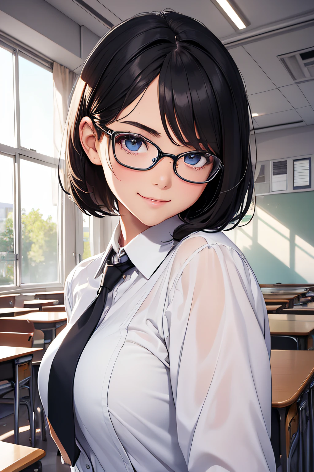 (best quality), (masterpiece), (high resolution), (intricate details:0.2),(professional lighting), classroom, detailed background, over sized white school uniform, half body, (previous view), 1girl, solo, (beautiful face:1.40), slim body, fine skin, smile, short black hair, sky blue eyes with glasses, (Medium beasts:1.10), see at viewer,