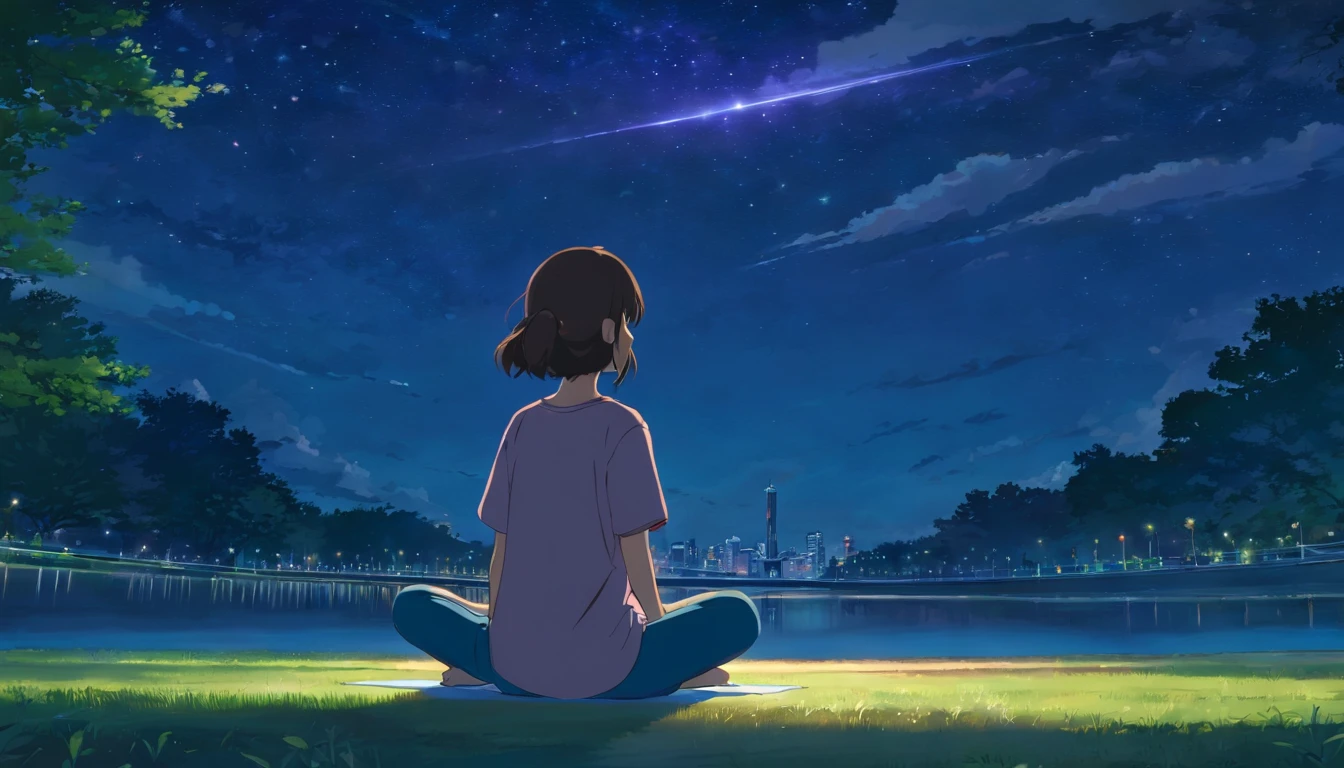 A girl was meditating in a park at night with clouds and a starry sky, away from the noise of the city.