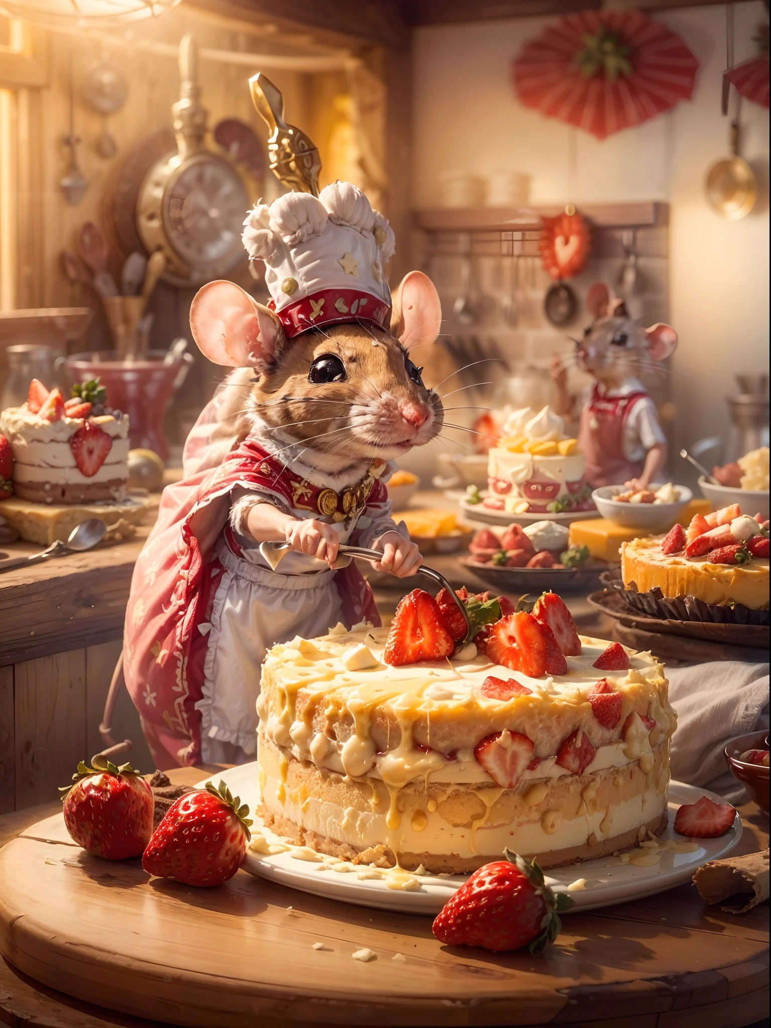 (a mouse dressed as a chief), (a mouse as a cook), (decorating a super delicious cheesecake), (creamy cheesy cake served with some strawberries), (messy table), (pieces of cheese laying around), (best quality:1.2), (ultra-detailed), (photorealistic:1.37), (HDR), (vivid colors), (portraits), (warm and vibrant color tone), (soft diffused lighting)