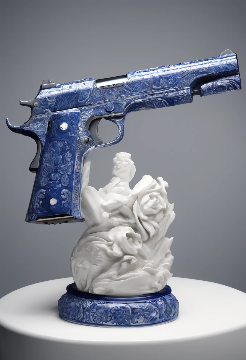 Blue and white porcelain,Ceramic material,hand gun,artwork of a,High detail,3D,Chiaroscuro, Cinematic lighting, god light, Cinematic lighting, hyper HD, High details, Best quality, A high resolution, Textured skin