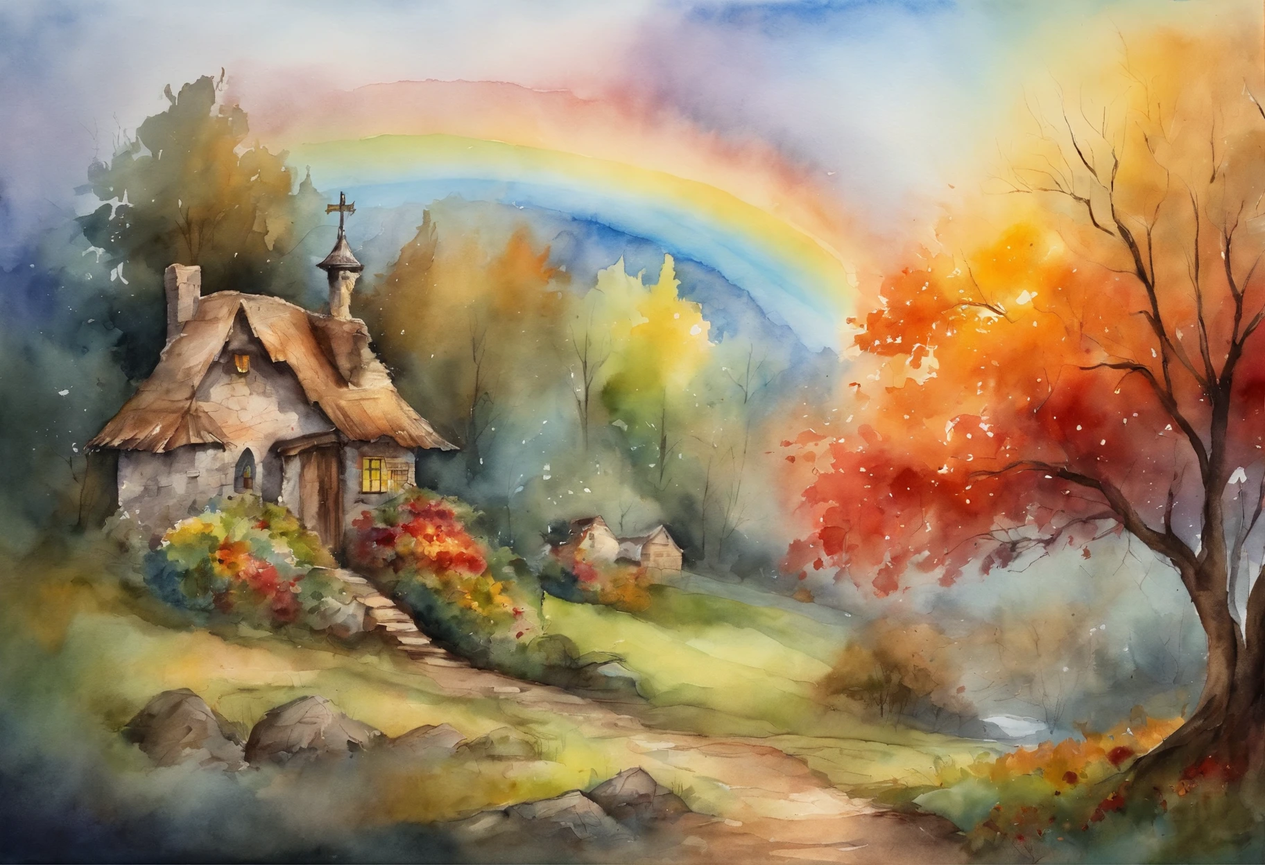 "A towering tree with vibrant rainbow-colored leaves, casting its majestic shadow over an enchanting fantasy village."
