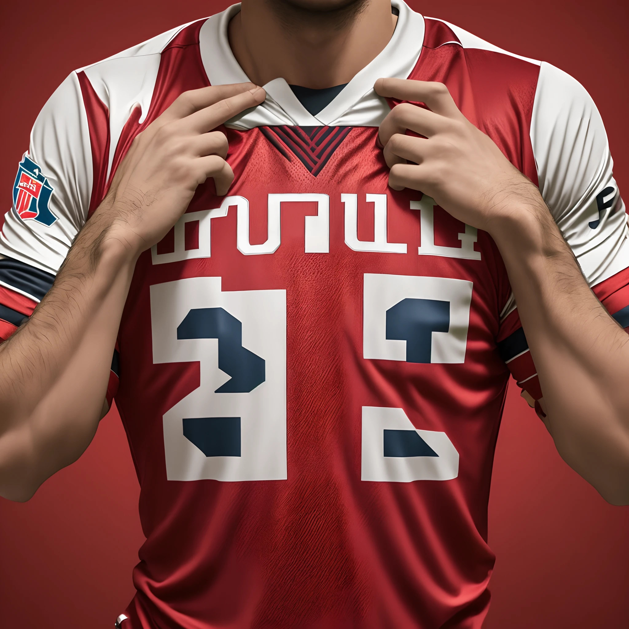 closeUp (red vintage football shirt with cord), no face , only torse, christmas sutil detail cord, (masculin normal torse), (sport clothe), (top quality, detailed details, masterpiece, film lighting effects, 4K)  red vintage football shirt --auto --s2