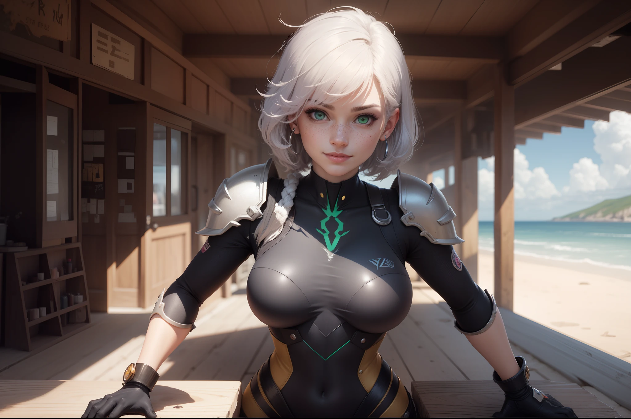 gwen tennyson,y'shtola rhul,yorha 2b, 1girl,atelier ryza,overwatch,close up, mecha pilot,ocean view,tattoos,pink and silver plugsuit,white short sleeve lycra top,steel cargo pants,uncovered belly,short saiyan hair,cute makeup,green eyes,dimensional golden hair,shy smile,freckles,beautiful girl,large breasts,8k,ultra detailed,realistic,fantasy art,saiyan armor,cyborg armor,steel armor,harbor shore,military uniform,ear piercings,hair pin,super saiyan girl,saiyan female,portrait,