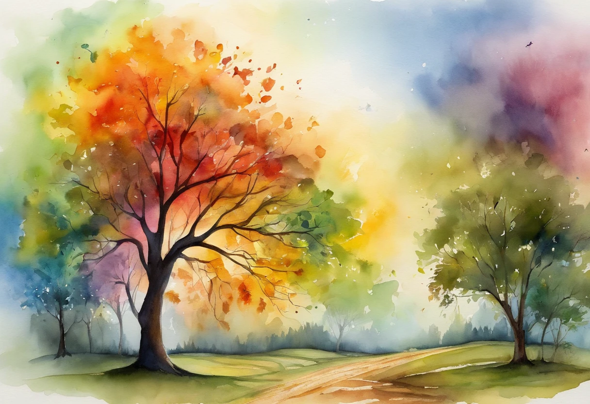"A towering tree with vibrant rainbow-colored leaves, casting its majestic shadow over an enchanting fantasy village."