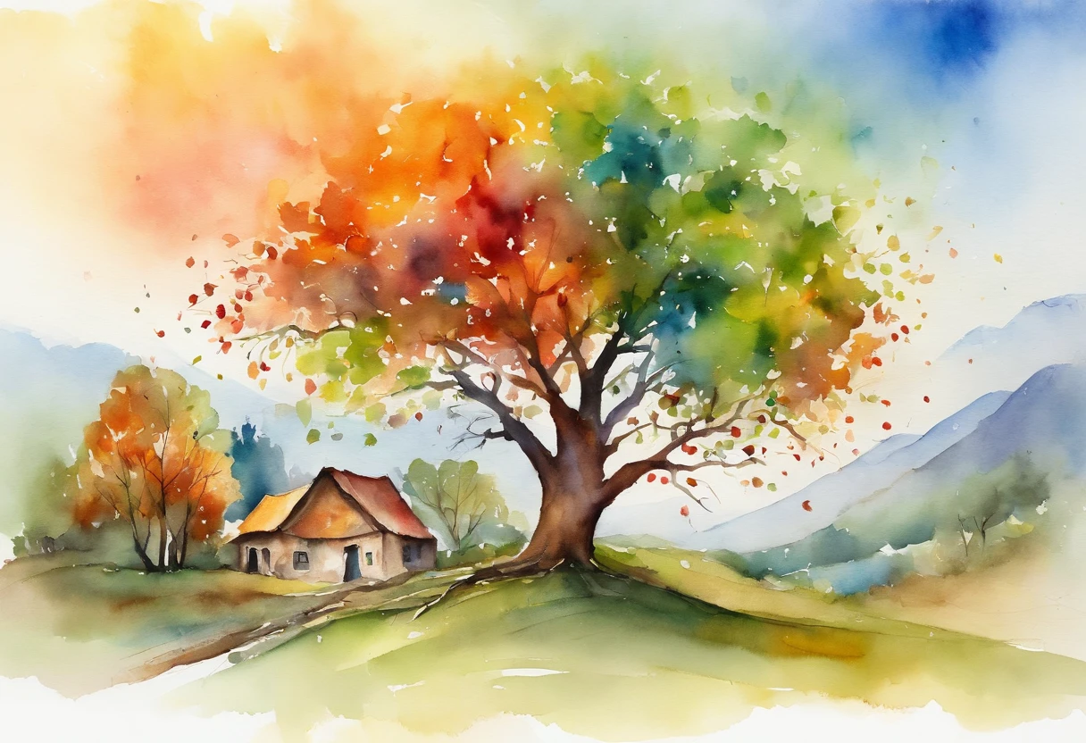 "A towering tree with vibrant rainbow-colored leaves, casting its majestic shadow over an enchanting fantasy village."
