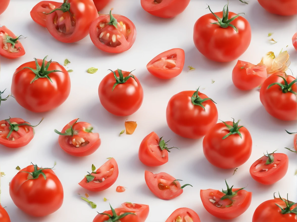 realisitic,a picture,in 8K,Bright atmosphere,1 tomato;,fresh,white backgrounid,White background