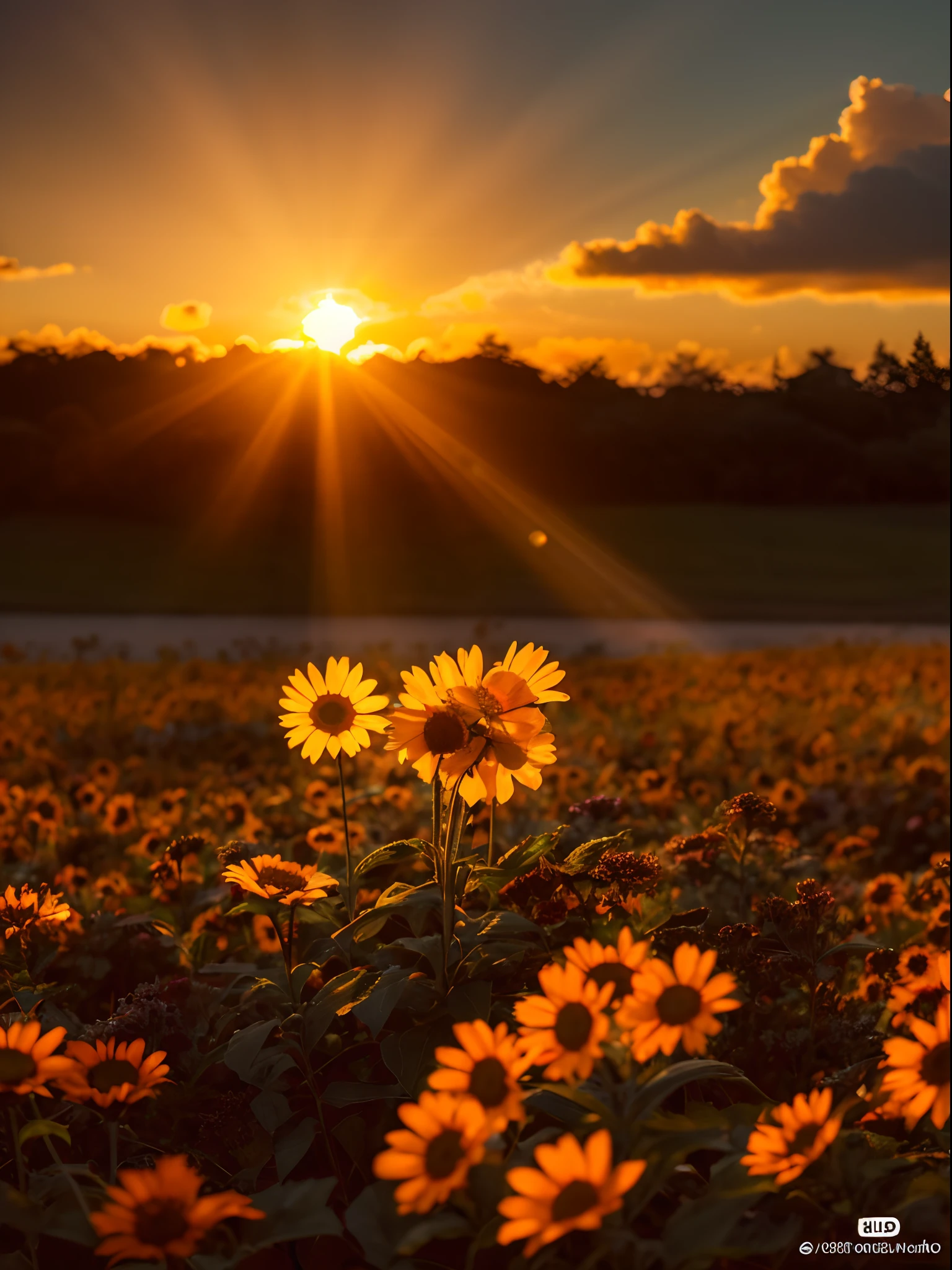Crie um passarinho lindo no galho de uma linda flor, in a flowery environment with the sky orange by the sunset and the rays of the sun passing through the Sky, 4K ultra-high-definition image