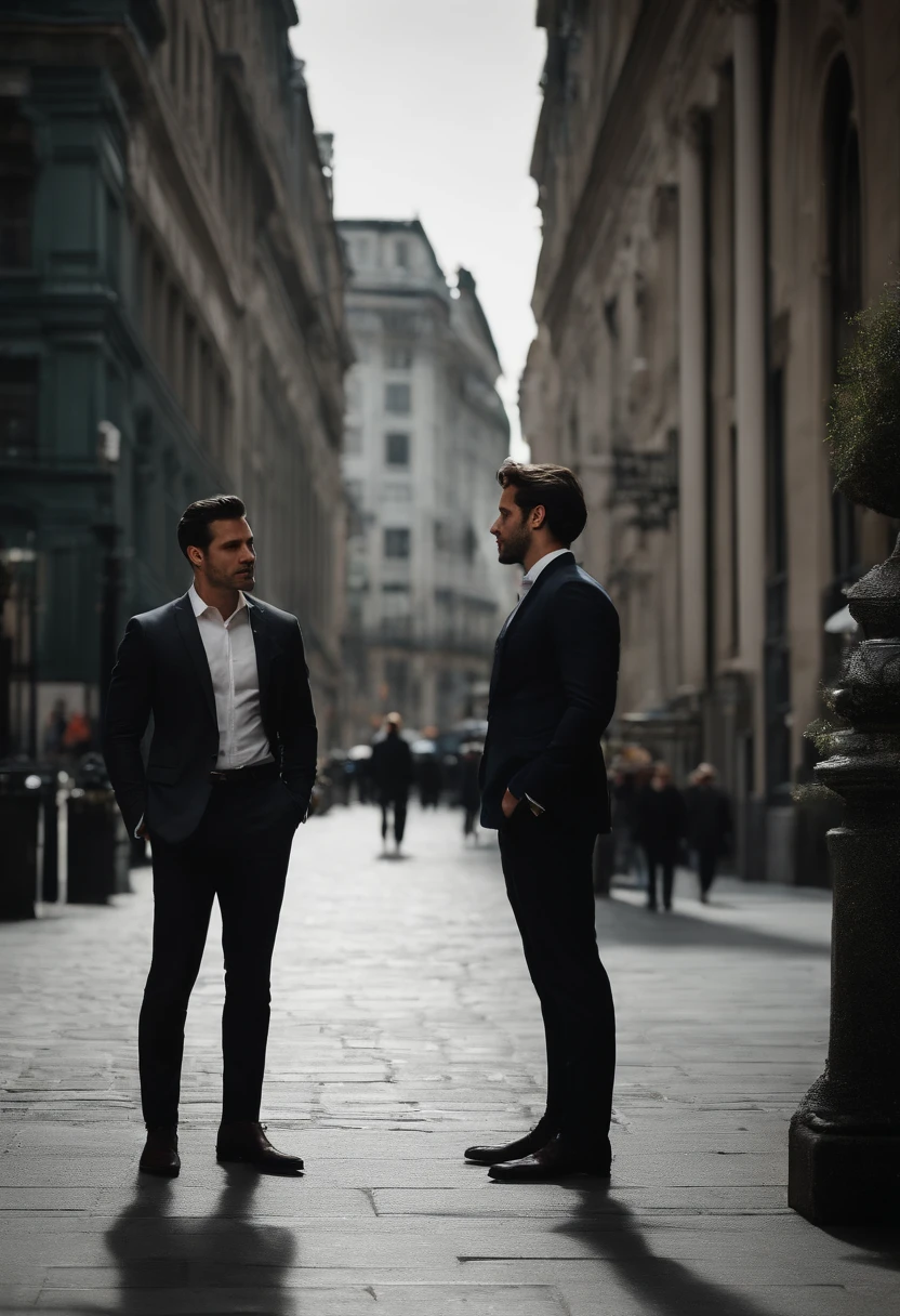 A very handsome man, 29 years old, dark brown hair, Italian origin, wears suit, talks, stands and looks at another beautiful young English boy, wears executive clothes on a sidewalk in the big city,