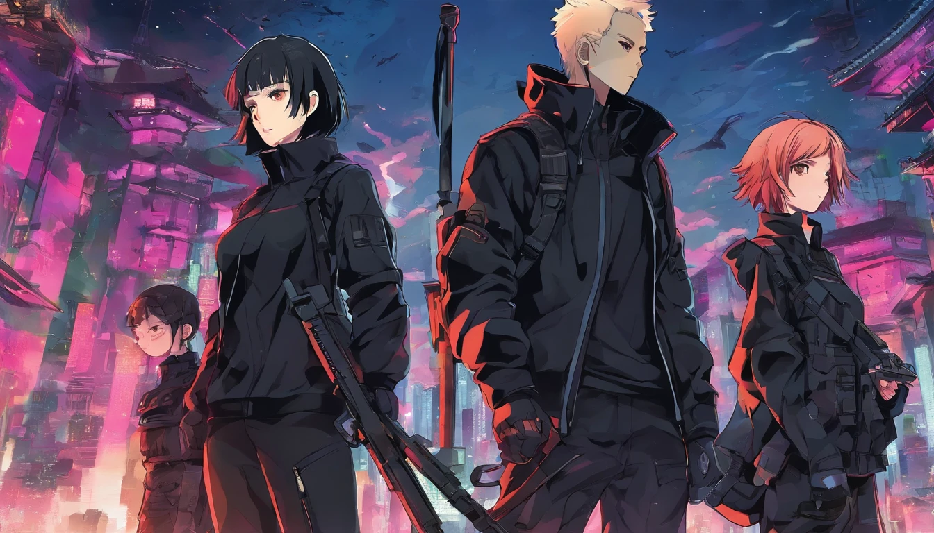 a group of people wearing all black in a apocalyptic setting holding weapons