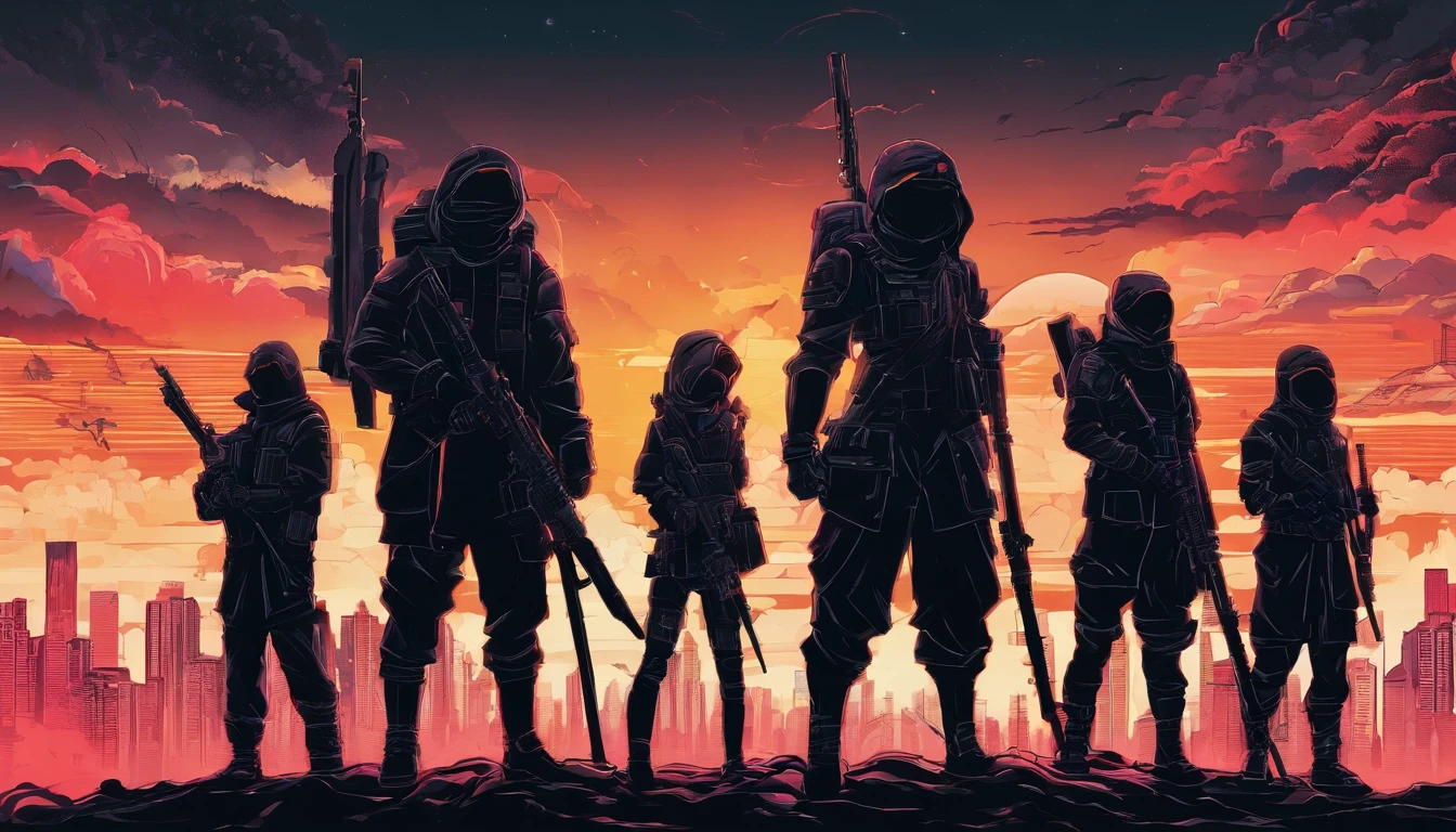 a group of people wearing all black in a apocalyptic setting holding weapons