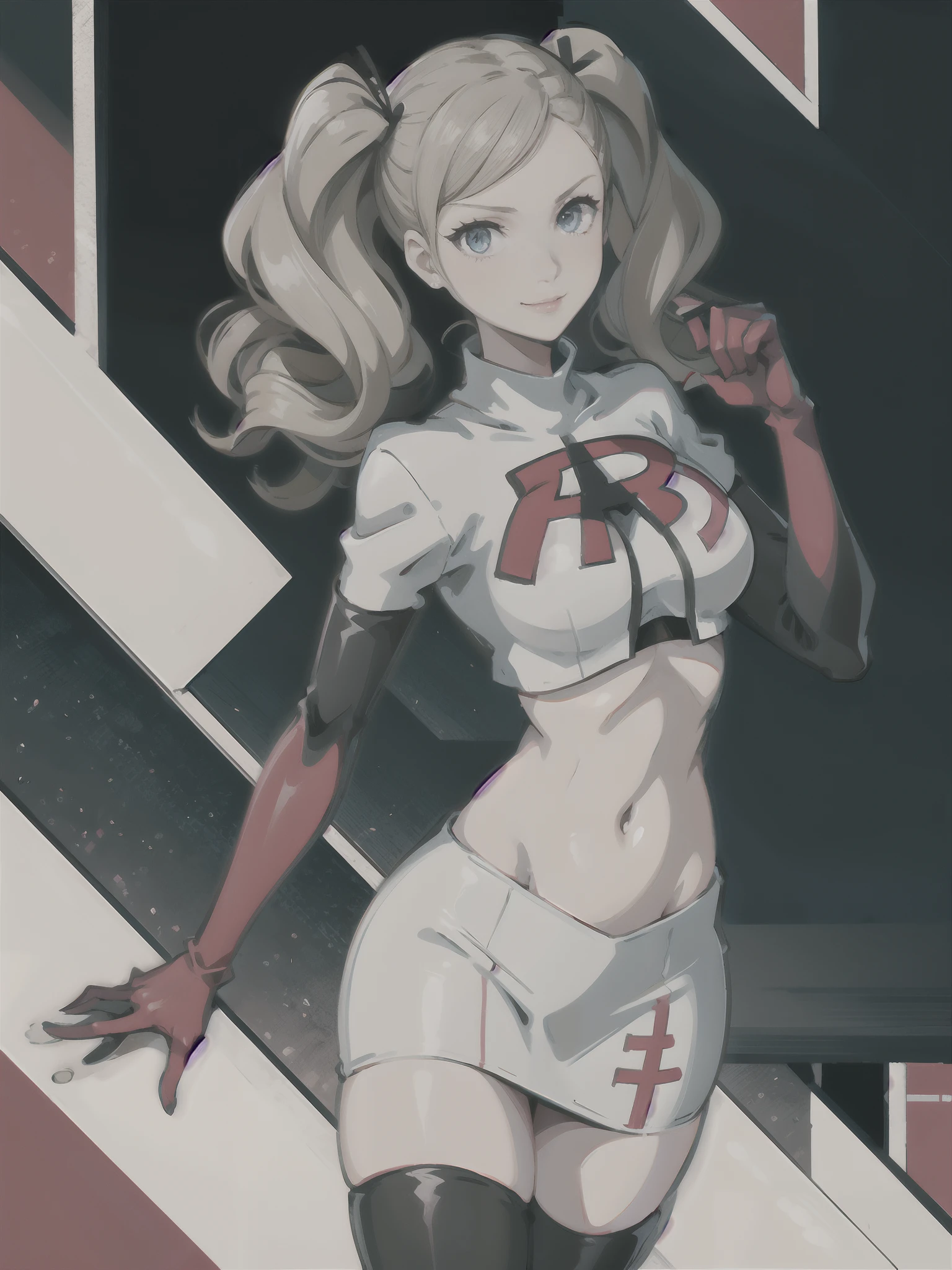 Ann Takamaki - Persona 5, 1girl,team rocket,team rocket uniform,white skirt,crop top, red letter R, black thigh-highs,black elbow gloves,evil smile