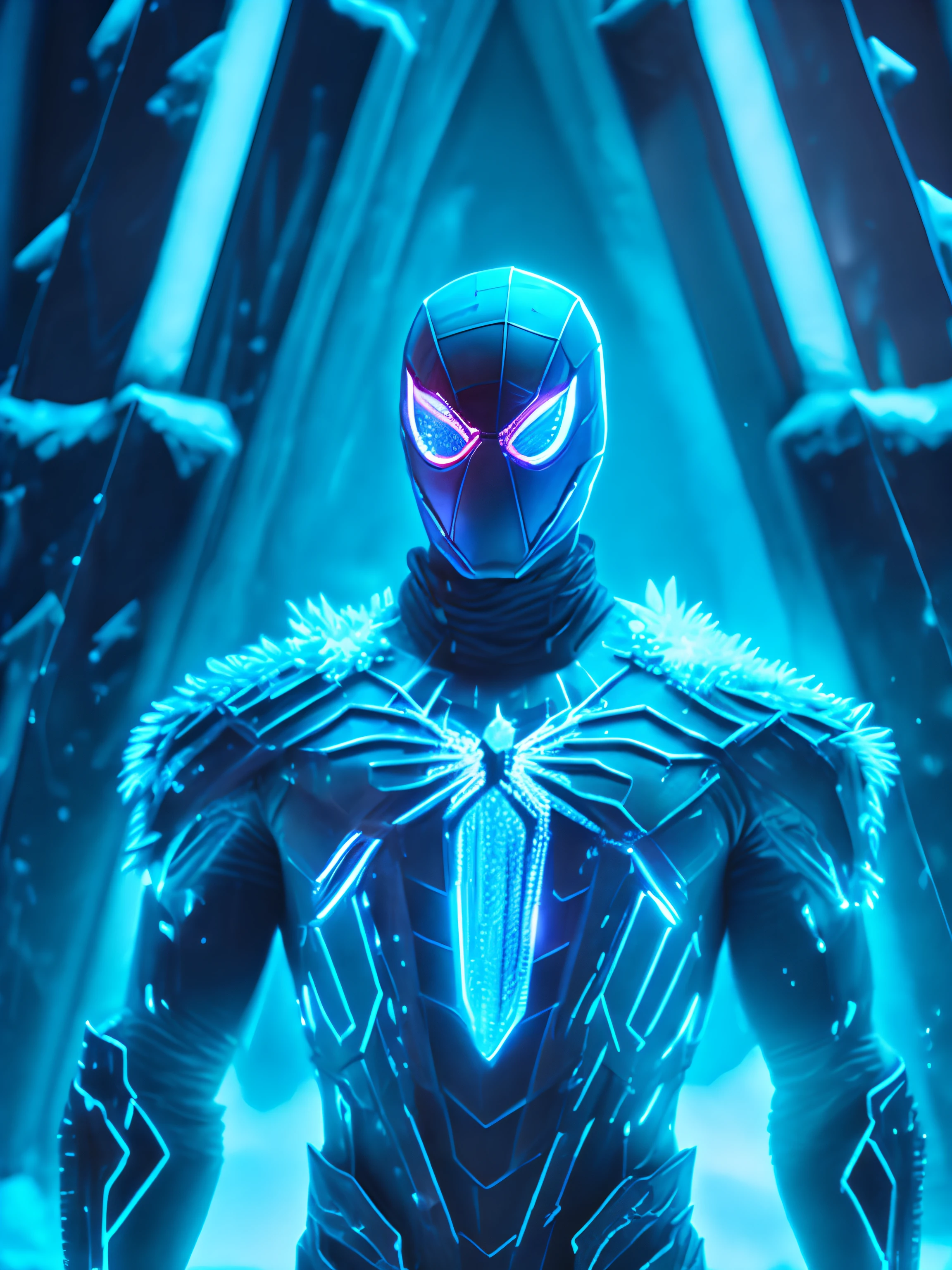 dark portrait of Frozen ice Spiderman suit from Marvel Comics immerging from the cyan frozen ice powers with intricate angular cybernetic implants inside a brutalist building, gothic brutalist cathedral, cyberpunk, award-winning photo, bokeh, neon lights, cybernetic limb