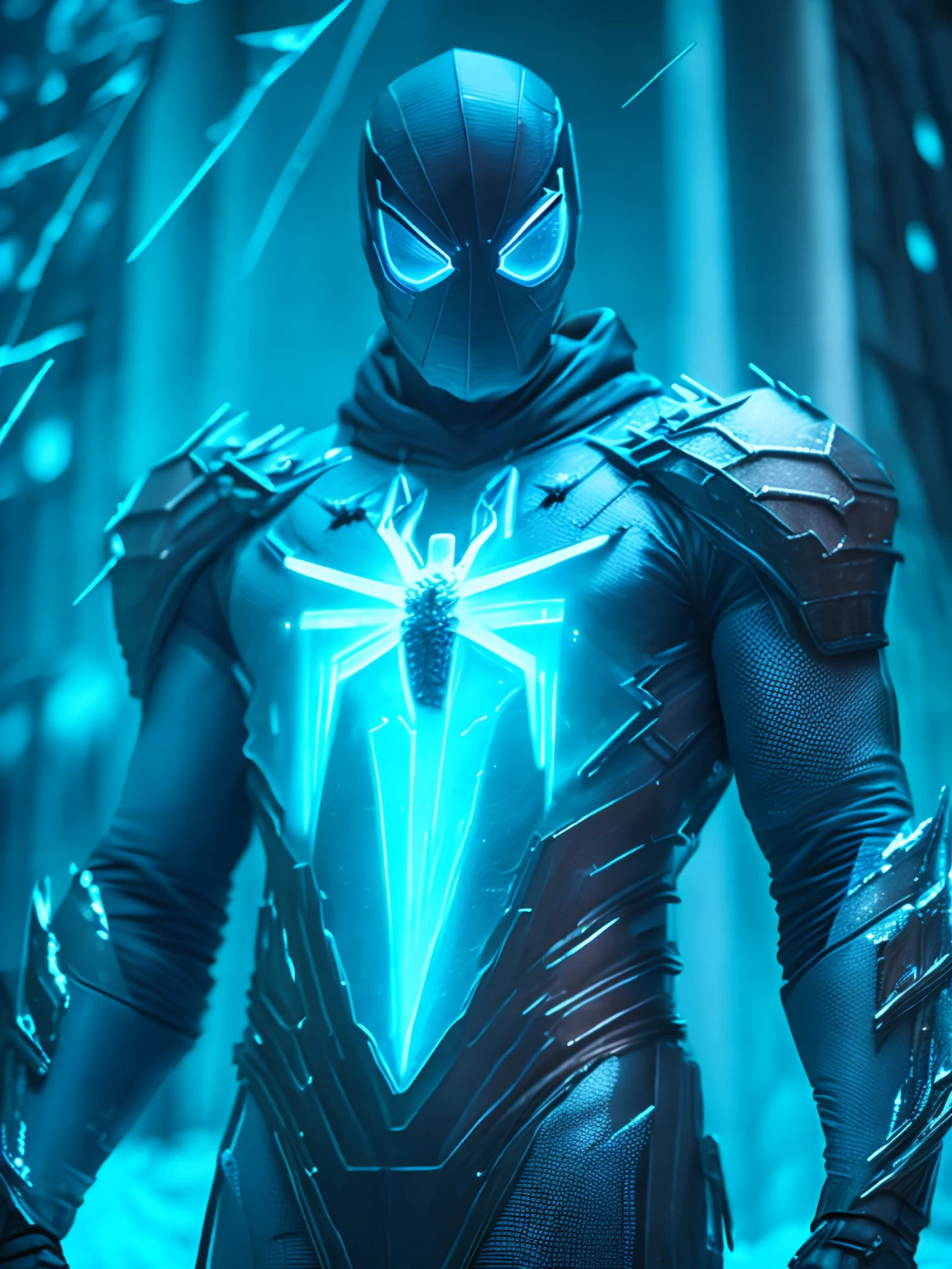 dark portrait of Frozen ice Spiderman suit from Marvel Comics immerging from the cyan frozen ice powers with intricate angular cybernetic implants inside a brutalist building, gothic brutalist cathedral, cyberpunk, award-winning photo, bokeh, neon lights, cybernetic limb