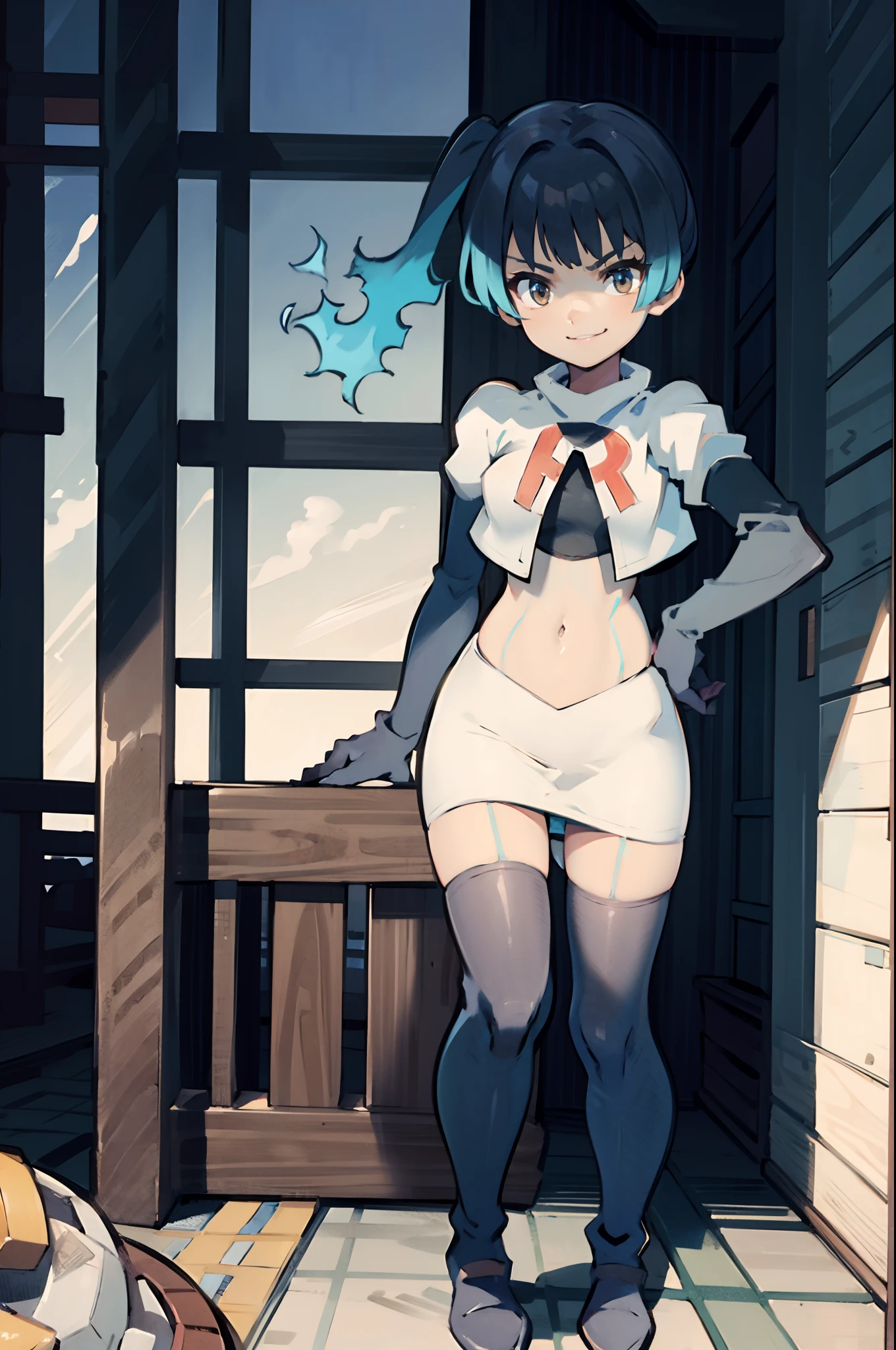 sena \(xenoblade\), 1girl,team rocket,team rocket uniform,white skirt,crop top, red letter R, black thigh-highs,black elbow gloves,evil smile