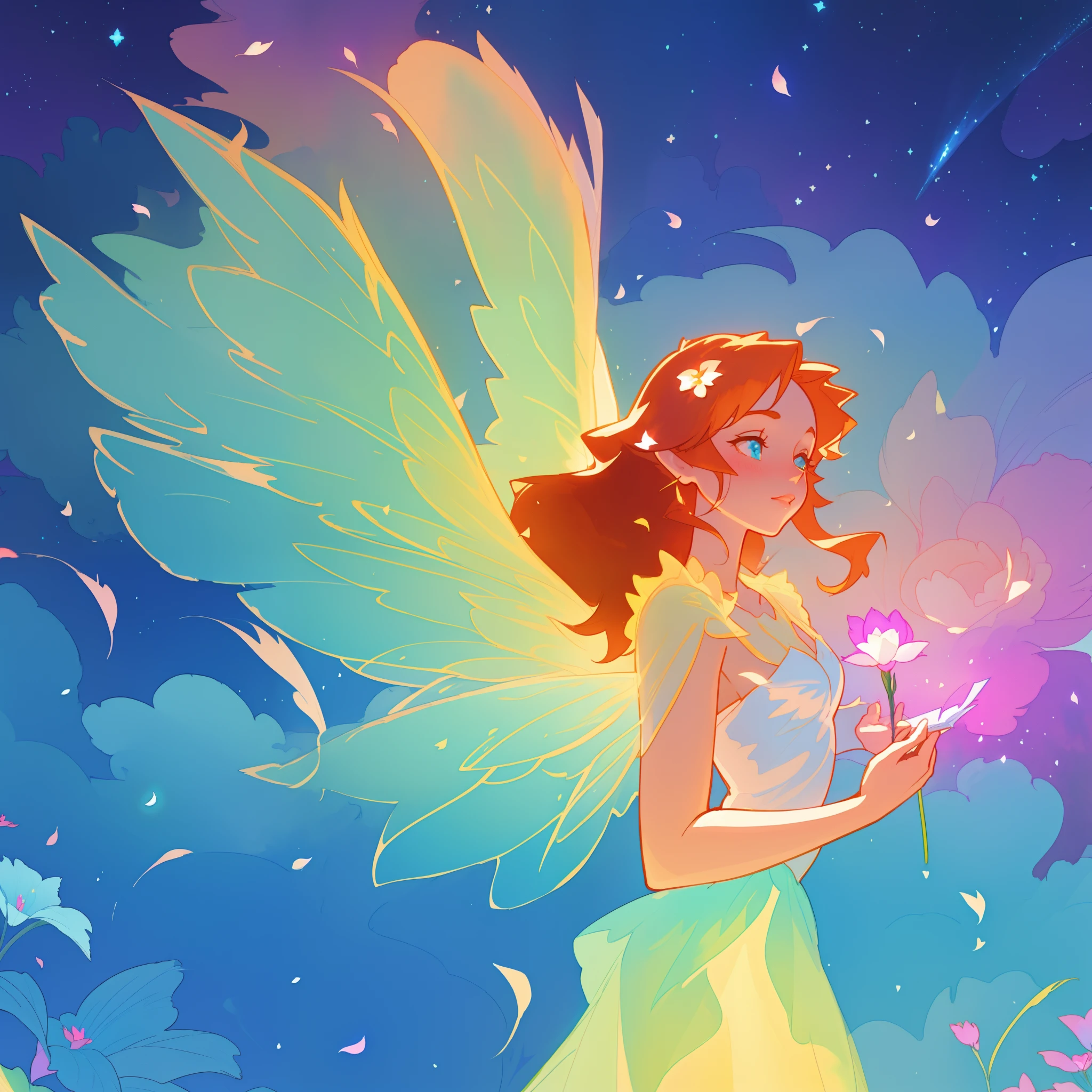 beautiful girl in flowing ballgown dress, (glowing fairy wings), glowing flowing ballgown, long wavy hair, sparkling fairy wings, watercolor illustration, flowers and colorful plants, inspired by Glen Keane, inspired by Lois van Baarle, disney art style, by Lois van Baarle, glowing aura around her, by Glen Keane, jen bartel, glowing lights! digital painting, flowing glowing hair, glowing flowing hair, beautiful digital illustration, fantasia otherworldly landscape plants flowers, beautiful, masterpiece, best quality, anime disney style