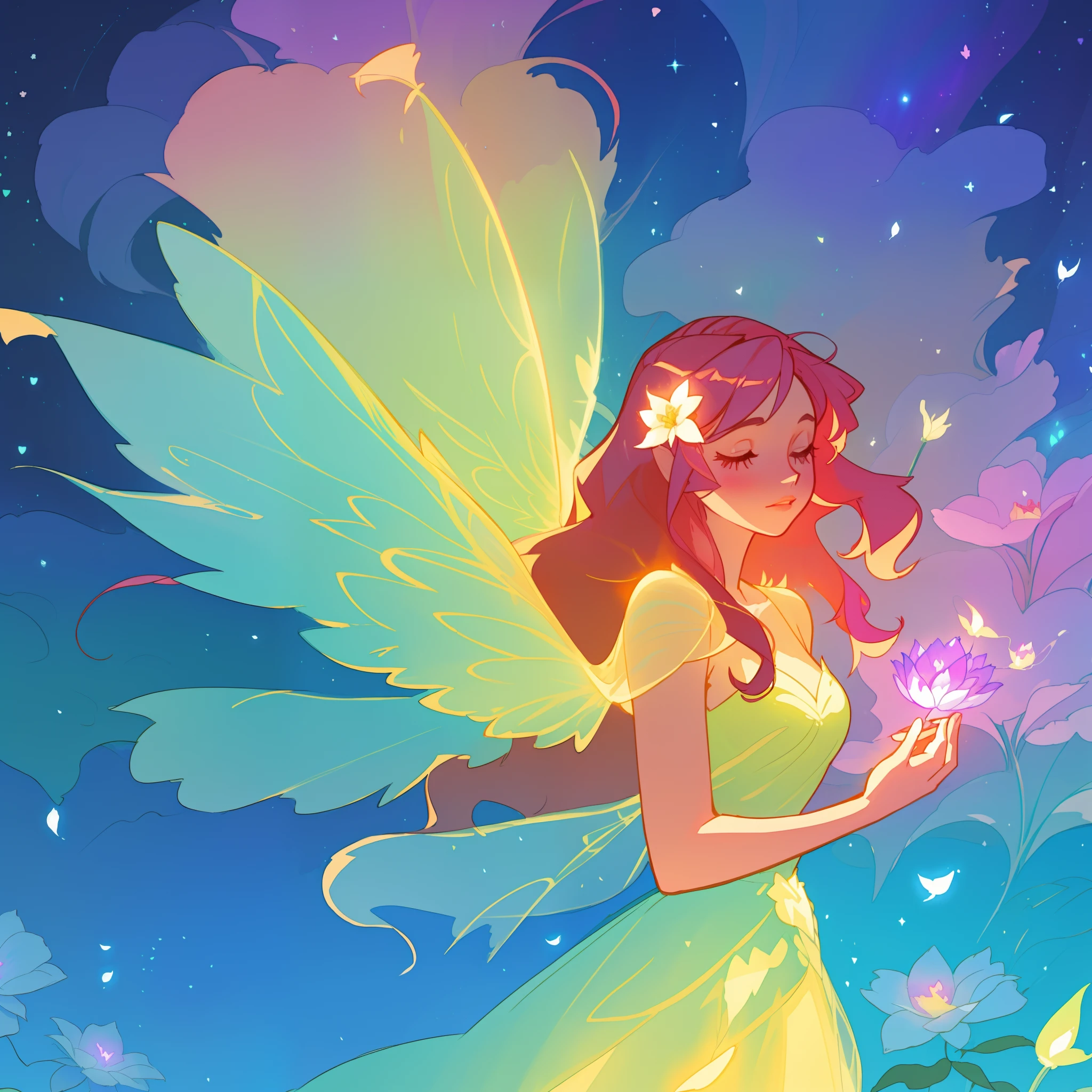 beautiful girl in flowing ballgown dress, (glowing fairy wings), glowing flowing ballgown, long wavy hair, sparkling fairy wings, watercolor illustration, flowers and colorful plants, inspired by Glen Keane, inspired by Lois van Baarle, disney art style, by Lois van Baarle, glowing aura around her, by Glen Keane, jen bartel, glowing lights! digital painting, flowing glowing hair, glowing flowing hair, beautiful digital illustration, fantasia otherworldly landscape plants flowers, beautiful, masterpiece, best quality, anime disney style