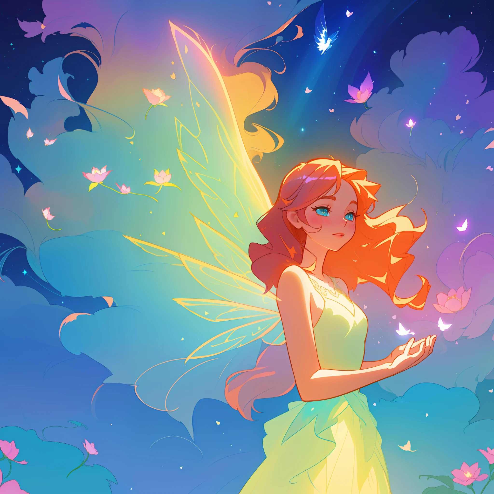 beautiful girl in flowing ballgown dress, (glowing fairy wings), glowing flowing ballgown, long wavy hair, sparkling fairy wings, watercolor illustration, flowers and colorful plants, inspired by Glen Keane, inspired by Lois van Baarle, disney art style, by Lois van Baarle, glowing aura around her, by Glen Keane, jen bartel, glowing lights! digital painting, flowing glowing hair, glowing flowing hair, beautiful digital illustration, fantasia otherworldly landscape plants flowers, beautiful, masterpiece, best quality, anime disney style