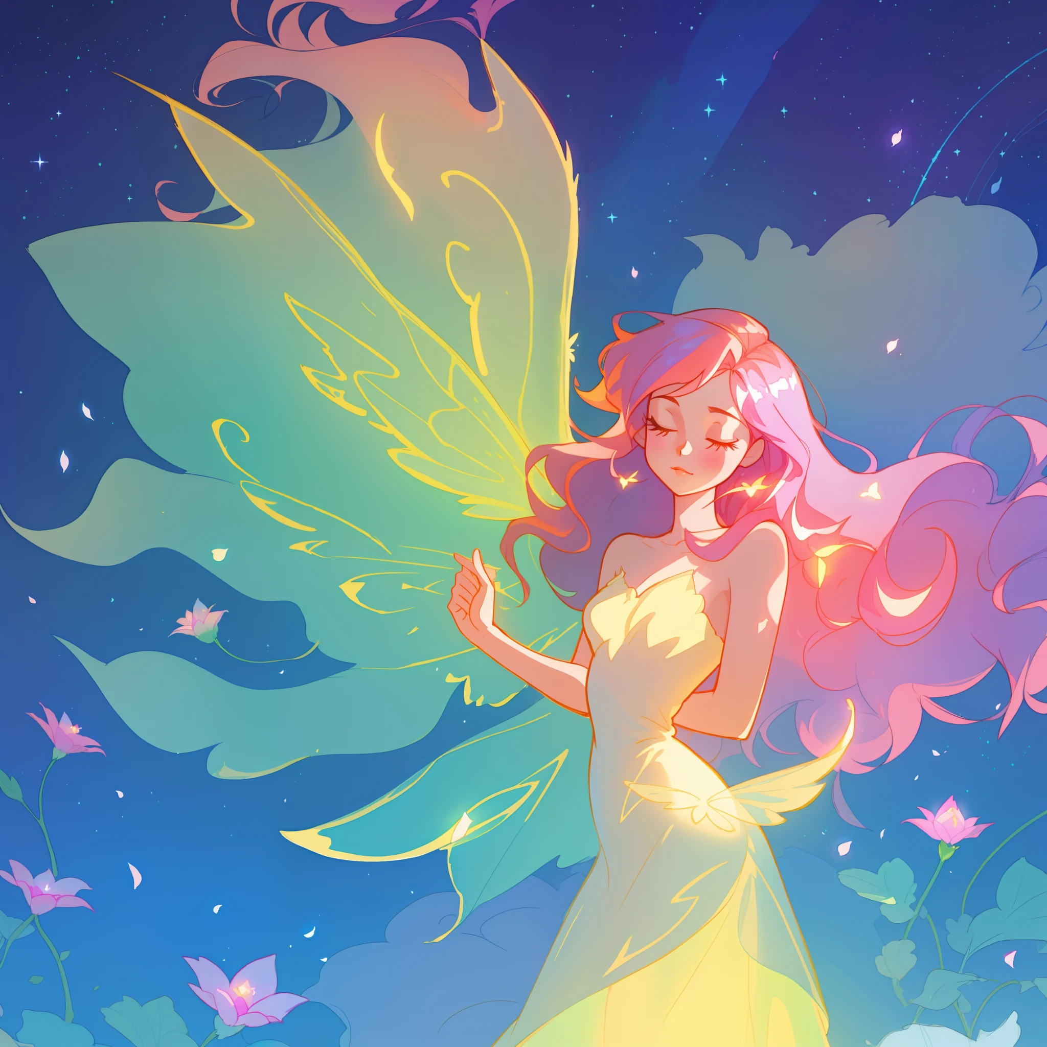 beautiful girl in flowing ballgown dress, (glowing fairy wings), glowing flowing ballgown, long wavy hair, sparkling fairy wings, watercolor illustration, flowers and colorful plants, inspired by Glen Keane, inspired by Lois van Baarle, disney art style, by Lois van Baarle, glowing aura around her, by Glen Keane, jen bartel, glowing lights! digital painting, flowing glowing hair, glowing flowing hair, beautiful digital illustration, fantasia otherworldly landscape plants flowers, beautiful, masterpiece, best quality, anime disney style