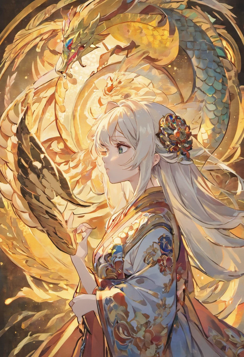 (Cloisonnism:1.2), White background , Chinese dragon, Oriental elements, reasonable design, Clear lines, (lineart, monochrome), pearls, pretty, sun themes.Long white hair and yellow eyes