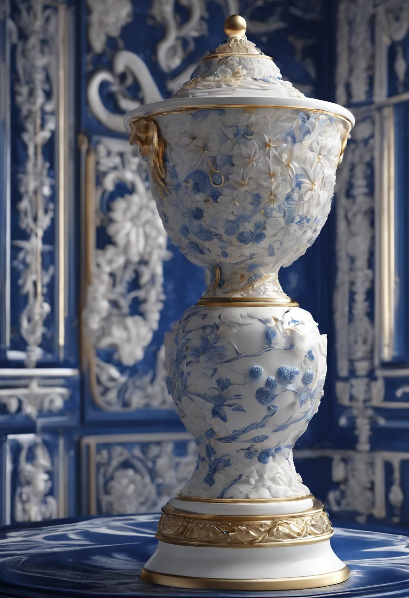Blue and white porcelain,Ceramic material,Oscar trophy,artwork of a,High detail,3D,Chiaroscuro, Cinematic lighting, god light, Cinematic lighting, hyper HD, High details, Best quality, A high resolution, Textured skin