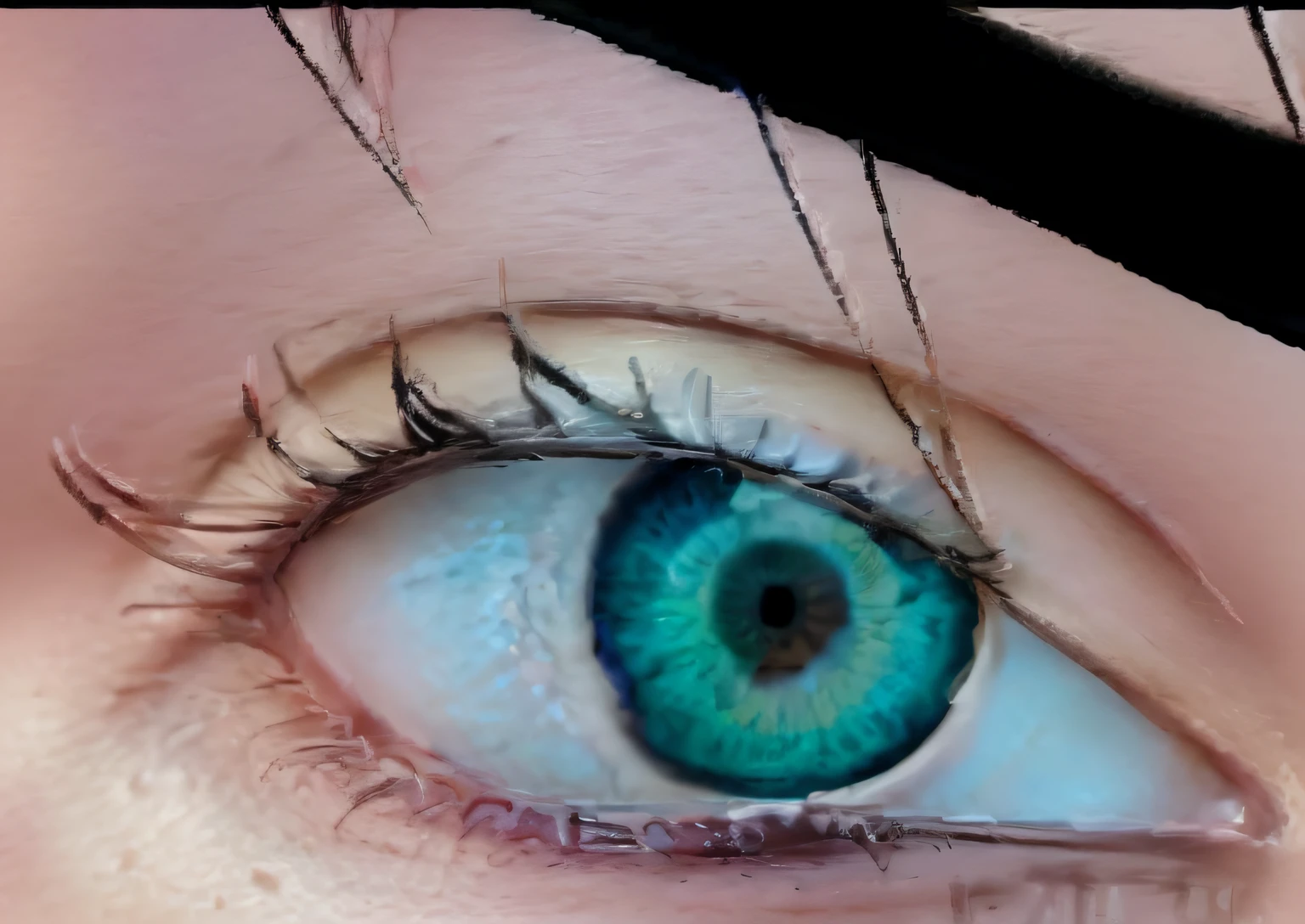 olho realista com um olho preto e um olho rosa, grandes olhos inclinados para baixo, posicionamento correto dos olhos, nenhuma mancha sobre o olho direito, terceiro olho no meio da testa, ponto laser entre os olhos, Olhos enormes inclinados para baixo, terceiro olho no meio da testa, Various eyelid positions, Eyelids, branco ao redor do olho direito, olho realista, sobrancelha realista, textura de pele realista, pele clara com tons rosados, foto de olho de mulher, olho bonito, imagem realista de alta qualidade