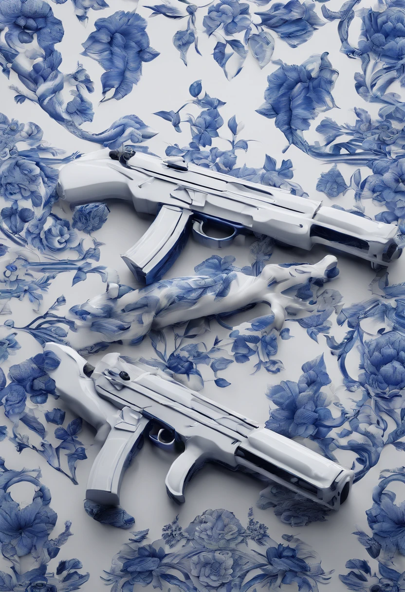 Blue and white porcelain,Ceramic material,submachine gun,AK47,artwork of a,High detail,3D,Chiaroscuro, Cinematic lighting, god light, Cinematic lighting, hyper HD, High details, Best quality, A high resolution, Textured skin