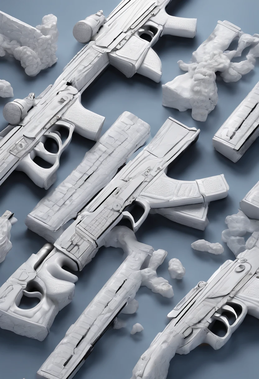 Blue and white porcelain,Ceramic material,submachine gun,AK47,artwork of a,High detail,3D,Chiaroscuro, Cinematic lighting, god light, Cinematic lighting, hyper HD, High details, Best quality, A high resolution, Textured skin