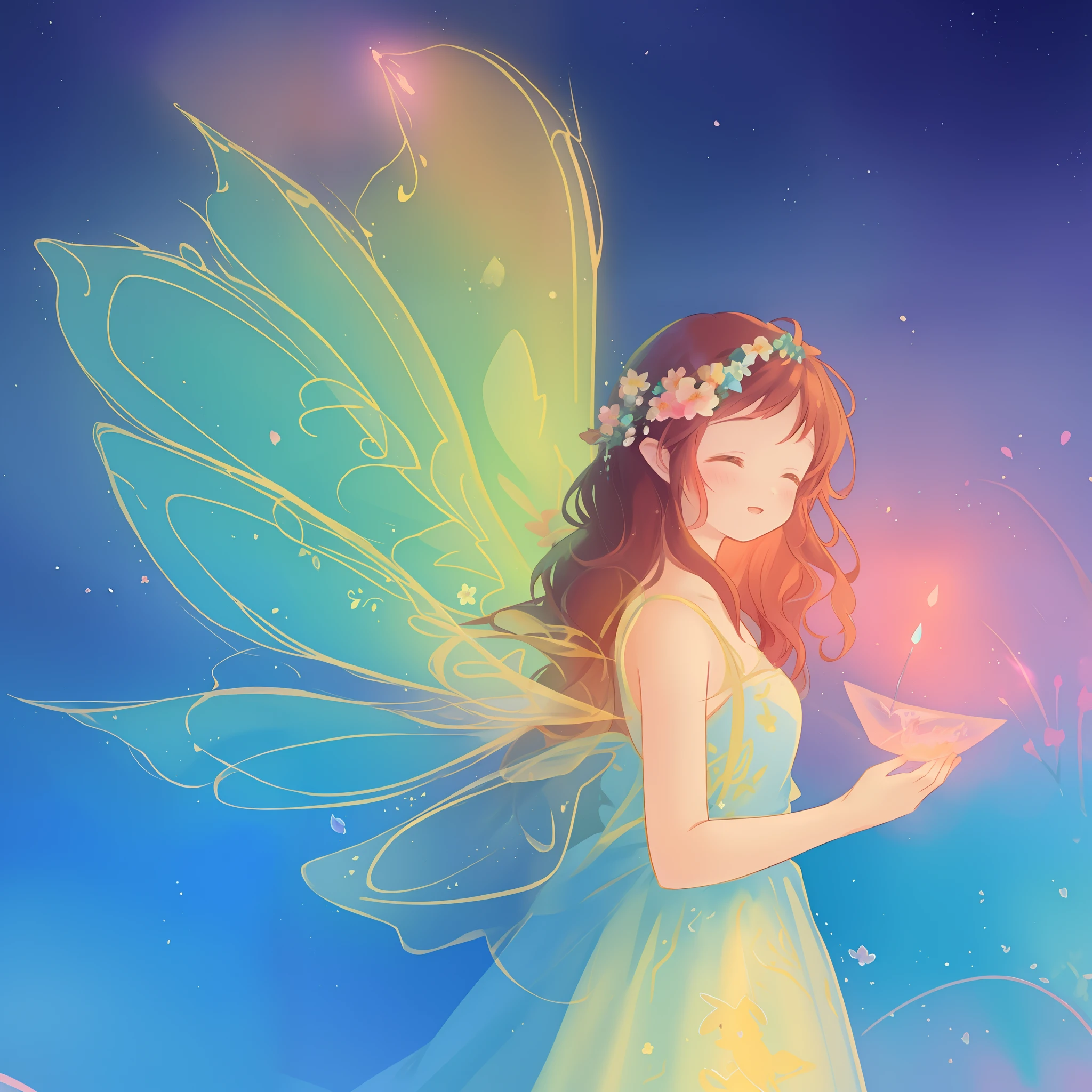 beautiful girl in flowing ballgown dress, (glowing fairy wings), glowing flowing ballgown, long wavy hair, sparkling fairy wings, watercolor illustration, flowers and colorful plants, inspired by Glen Keane, inspired by Lois van Baarle, disney art style, by Lois van Baarle, glowing aura around her, by Glen Keane, jen bartel, glowing lights! digital painting, flowing glowing hair, glowing flowing hair, beautiful digital illustration, fantasia otherworldly landscape plants flowers, beautiful, masterpiece, best quality, anime disney style