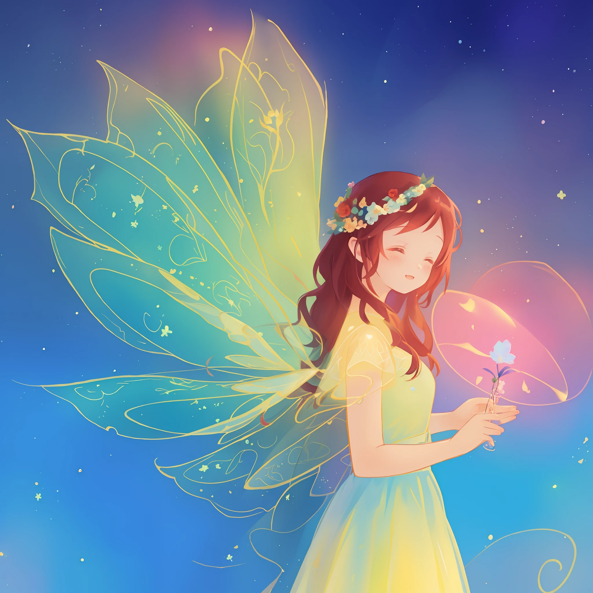 beautiful girl in flowing ballgown dress, (glowing fairy wings), glowing flowing ballgown, long wavy hair, sparkling fairy wings, watercolor illustration, flowers and colorful plants, inspired by Glen Keane, inspired by Lois van Baarle, disney art style, by Lois van Baarle, glowing aura around her, by Glen Keane, jen bartel, glowing lights! digital painting, flowing glowing hair, glowing flowing hair, beautiful digital illustration, fantasia otherworldly landscape plants flowers, beautiful, masterpiece, best quality, anime disney style