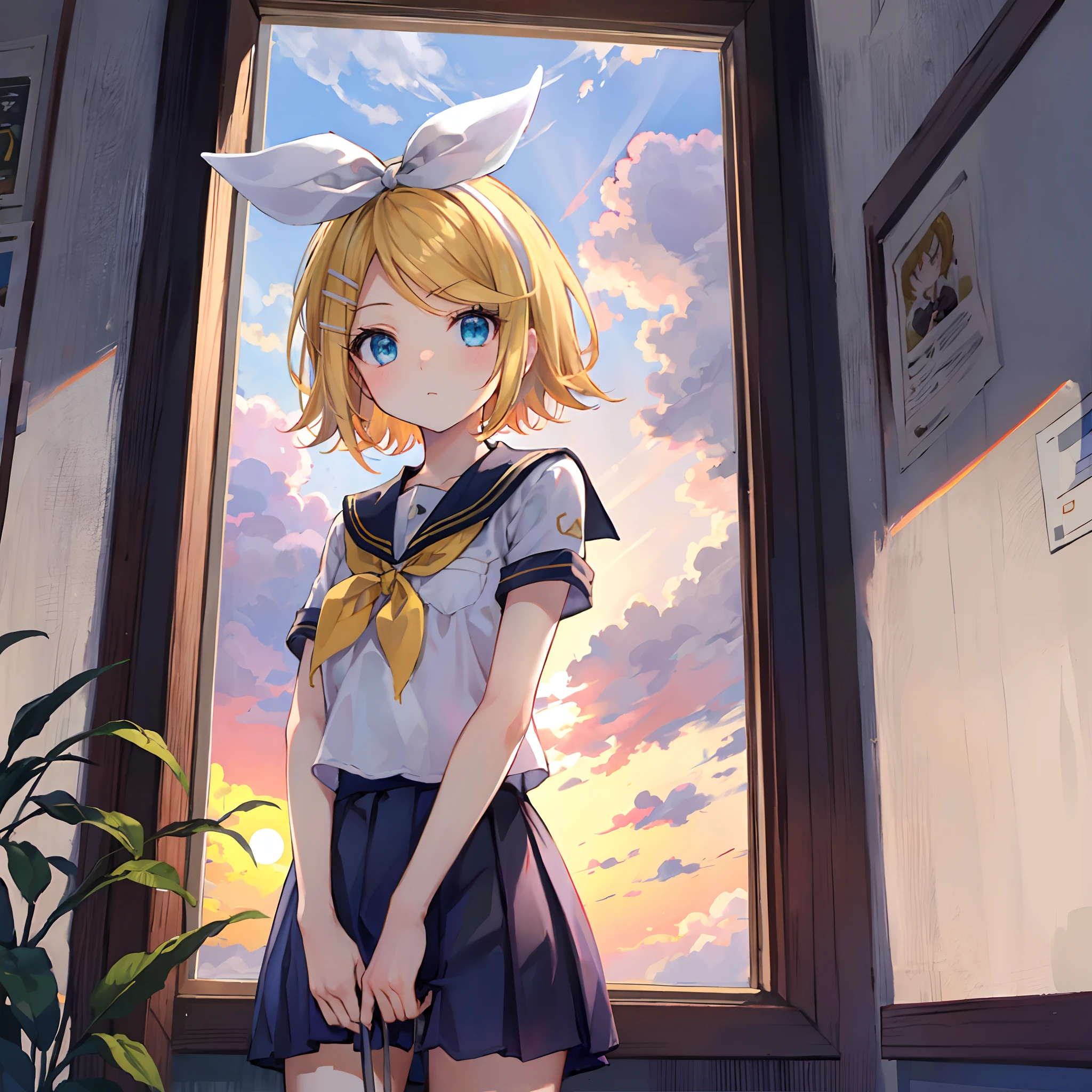 Kagamine Rin , por rubio  , coletas 、ojos rojos、Hermosa chica sola、quimono、una minifalda、aula de escuela 、sentado en pupitre , luz de atardecer (entrando por la ventana , cortinas que se mueven un poco con el viento