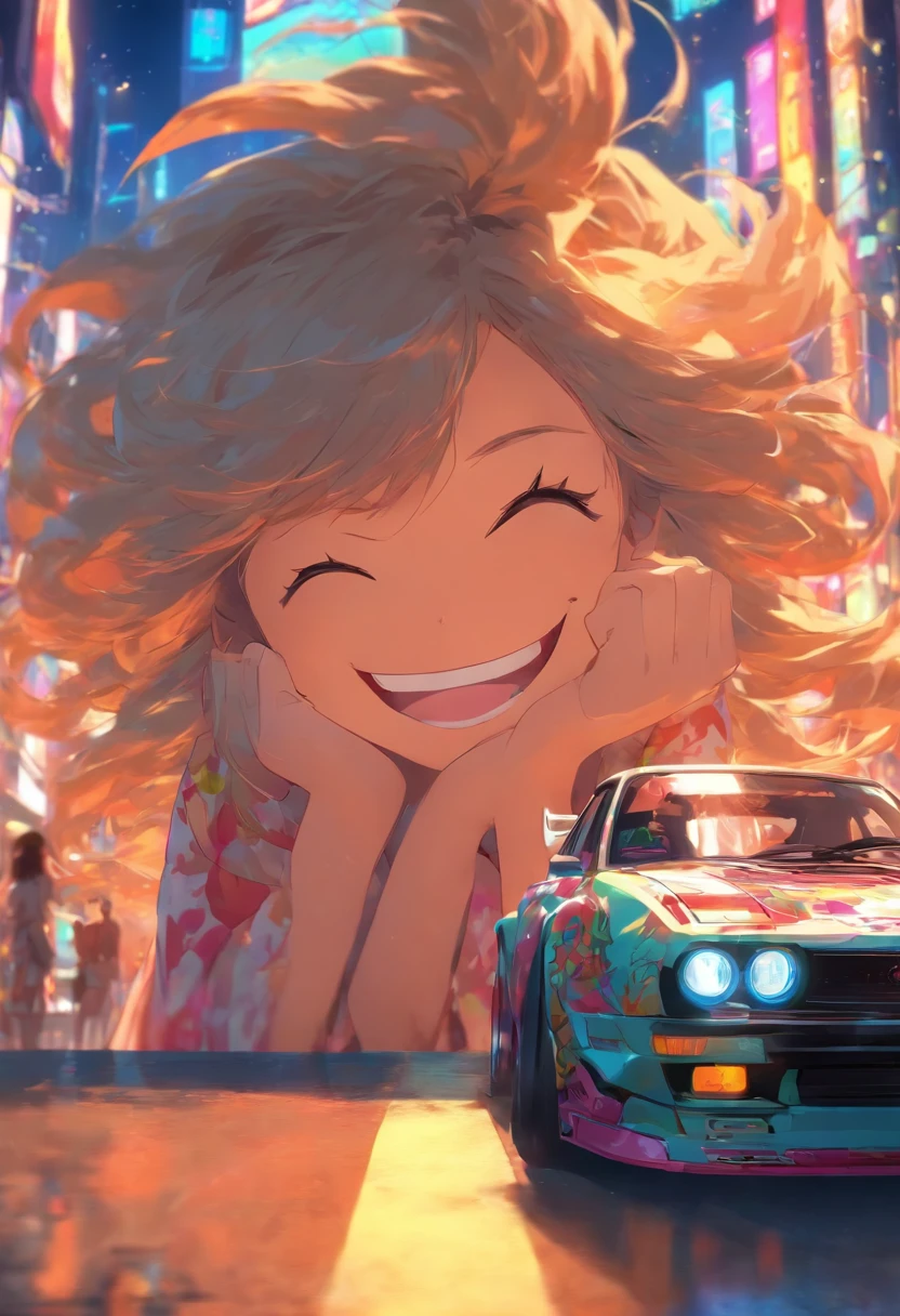 mommy.Longhaire.A smile.japanes.Big car in the background.big eye.Hands are lowered