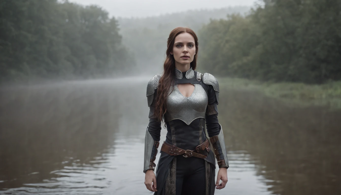 Female android posing for a phot in a river, half body in the water, foggy marsh background, dark, creepy, ultra detailed, masterpiece.