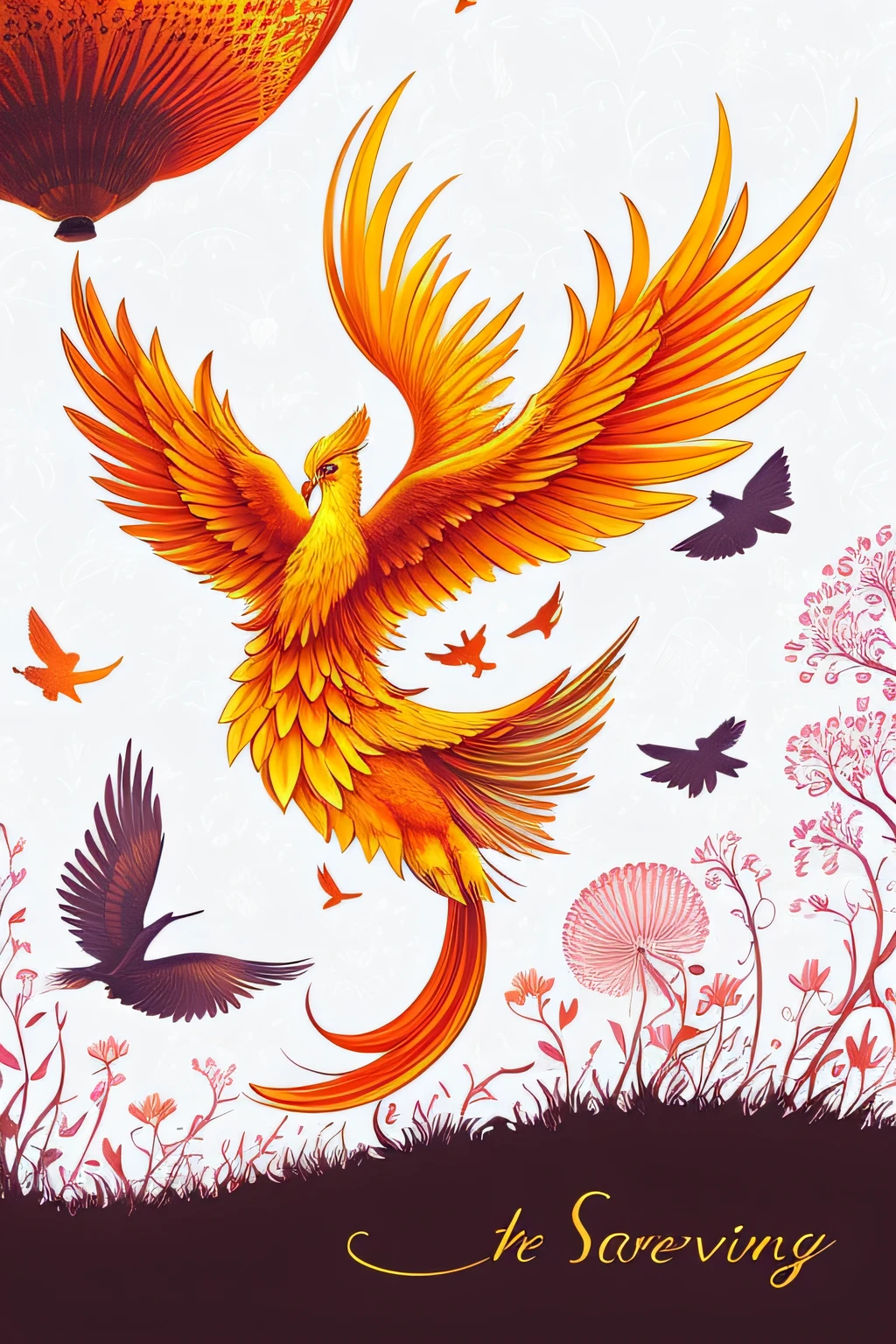 There's a bird that's flying over a flower, artwork of a phoenix, ''wallpaper of a phoenix resting, ''wallpaper of a phoenix, A phoenix livewater, phoenix-inspired, jellyfish phoenix dragon, phoenix rising from the ashes, Jellyfish pheonix, phoenix rising, a phoenix, phoenix in fire, Phoenix Dragon, in illustration style digital, a surrealistic bird