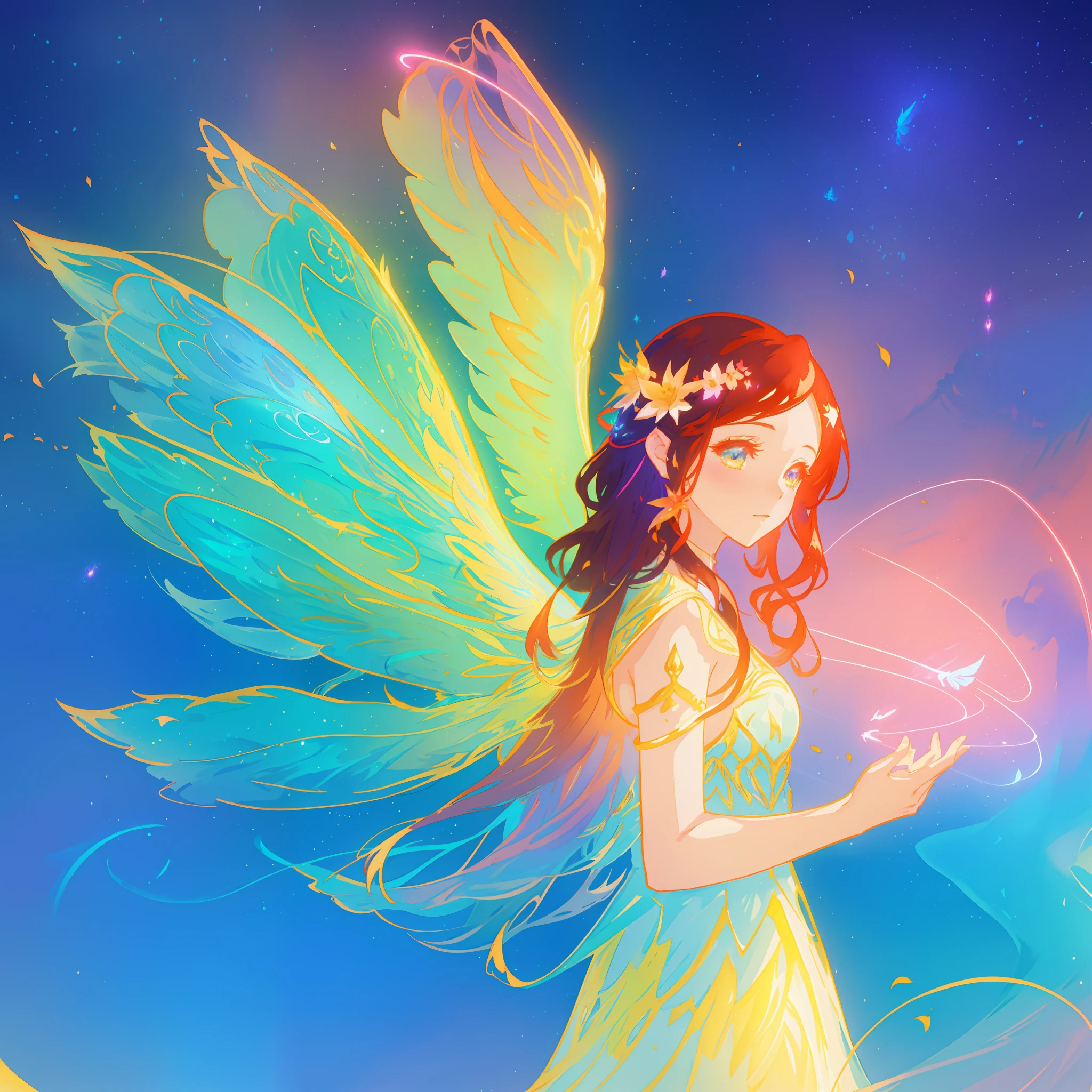 beautiful girl in flowing ballgown dress, (glowing fairy wings), glowing flowing ballgown, long wavy hair, sparkling fairy wings, watercolor illustration, flowers and colorful plants, inspired by Glen Keane, inspired by Lois van Baarle, disney art style, by Lois van Baarle, glowing aura around her, by Glen Keane, jen bartel, glowing lights! digital painting, flowing glowing hair, glowing flowing hair, beautiful digital illustration, fantasia otherworldly landscape plants flowers, beautiful, masterpiece, best quality, anime disney style