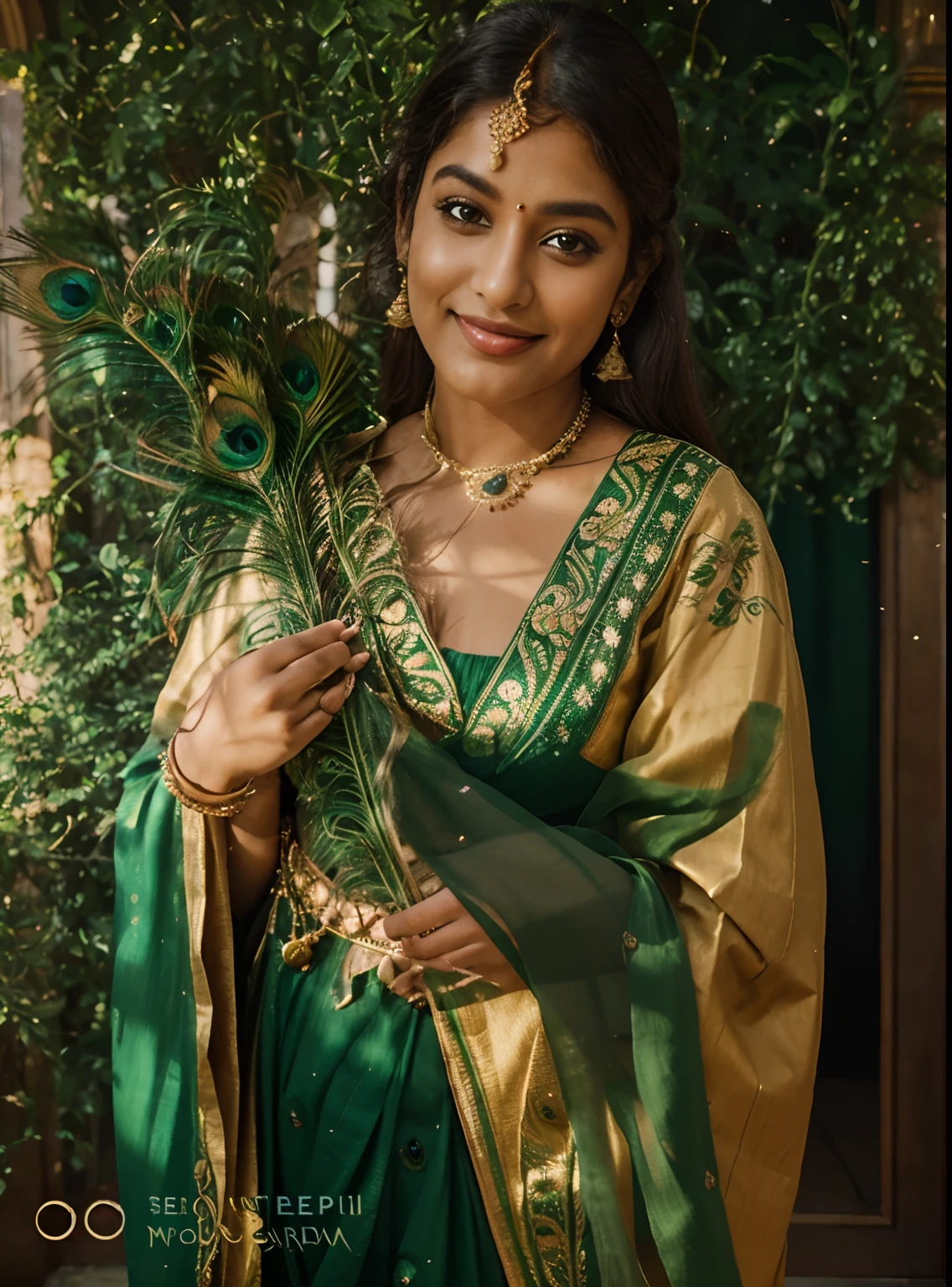 Indian queen realistic smile 8k ultra natural green nature background peacock feathers in hand in royal palace