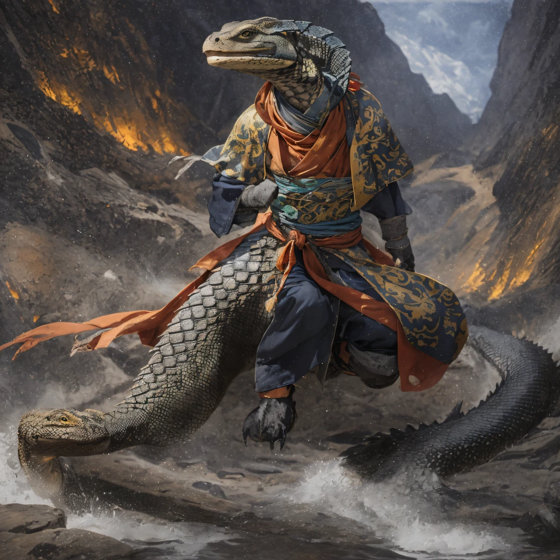 Monitor lizard 32K,Phoenix Immortal Demon Realm, Chance encounter with Liu Hanshu, He saw in him his former self, It was decided to take him as an apprentice, Teach him how to protect himself, But because of the Tibetan star map, Phoenix and the Liu family、The Jade Sword Sect established a relationship, It opens with the death of Liu Hanshu, Qin Yu embarked on the road of confrontation with a strong enemy, Working hard, Make yourself stronger, Stick to your own core path of justice, (Dragons)eyes filled with angry,The monitor lizard clenched its fists,Rush up,Deliver a fatal blow to your opponent,full bodyesbian,Full body monitor lizard male mage 32K(Masterpiece Canyon Ultra HD)fenghuang(canyons)Climb the streets, The scene of the explosion(canyons), (Dragons), The angry fighting stance of the monitor lizard, looking at the ground, Batik linen bandana, Chinese python pattern long-sleeved garment, canyons(Abstract propylene splash:1.2), Dark clouds lightning background,Flour flies(realisticlying:1.4),Black color hair,Flour fluttering,rainbow background, A high resolution, the detail, RAW photogr, Sharp Re, Nikon D850 Film Stock Photo by Jefferies Lee 4 Kodak Portra 400 Camera F1.6 shots, Rich colors, ultra-realistic vivid textures, Dramatic lighting, Unreal Engine Art Station Trend, cinestir 800,Flowing black hair,(((Jungle Canyon)))The wounded lined up in the streets(vale)Climb the streets,Movie master real-time image quality(tmasterpiece,k hd,hyper HD,32K)Dragons, (Linen batik scarf), Combat posture, looking at the ground, Linen bandana, Chinese monitor lizard pattern long-sleeved garment, Morning Phoenix(Abstract gouache splash:1.2), Dark clouds lightning background,sprinkling(