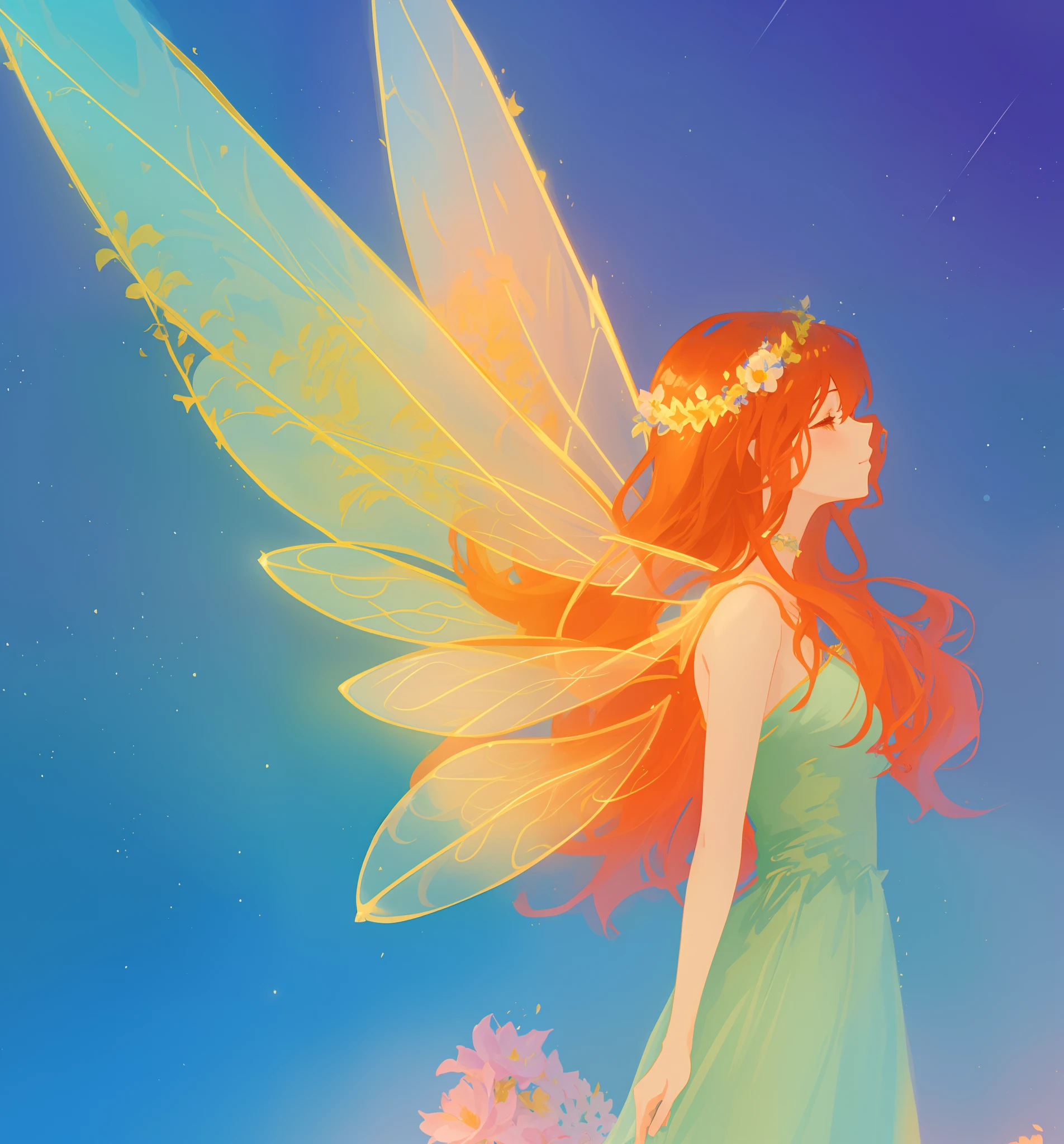 beautiful girl in flowing ballgown dress, (glowing fairy wings), glowing flowing ballgown, long wavy hair, sparkling fairy wings, watercolor illustration, flowers and colorful plants, inspired by Glen Keane, inspired by Lois van Baarle, disney art style, by Lois van Baarle, glowing aura around her, by Glen Keane, jen bartel, glowing lights! digital painting, flowing glowing hair, glowing flowing hair, beautiful digital illustration, fantasia otherworldly landscape plants flowers, beautiful, masterpiece, best quality, anime disney style